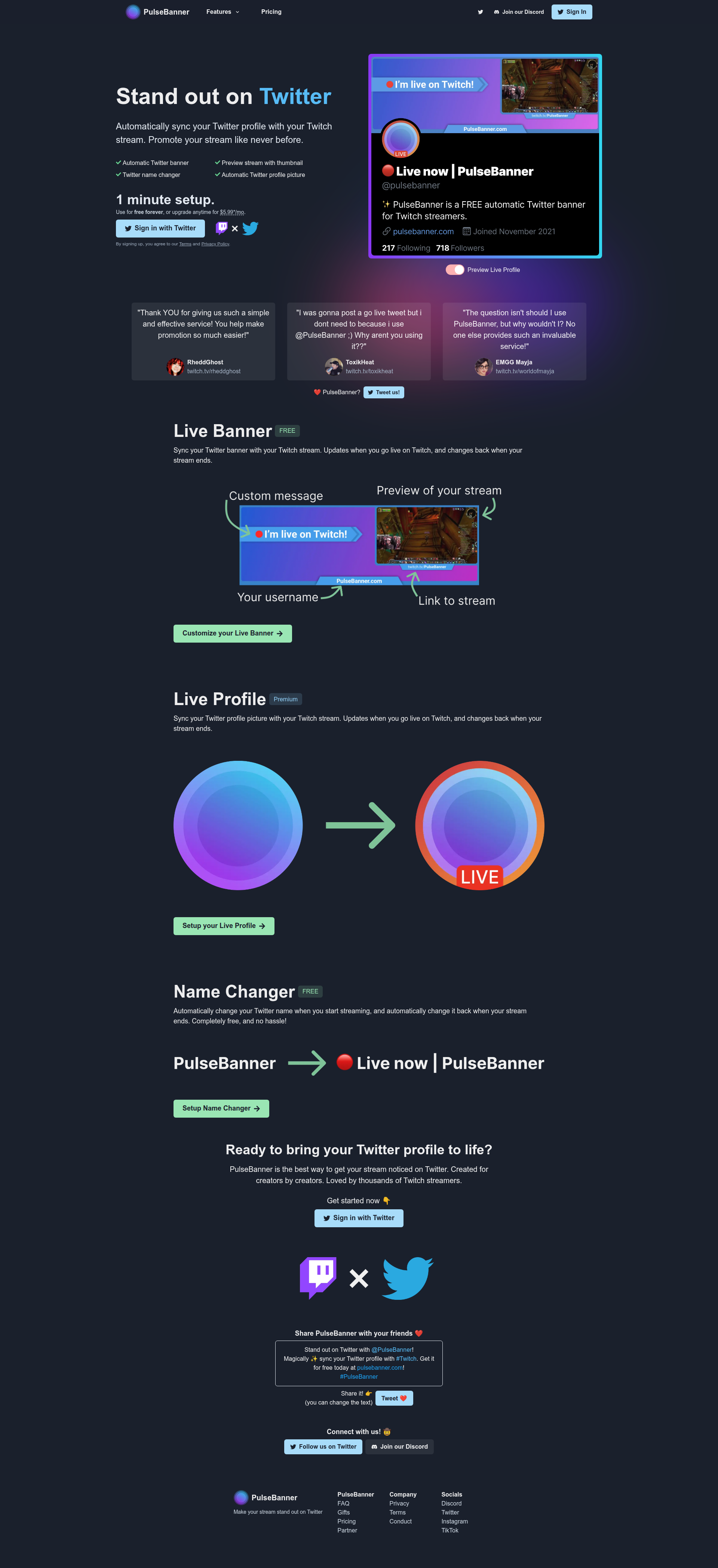 Landing page screenshot for pulsebanner.com, 1920 by 4192 pixels