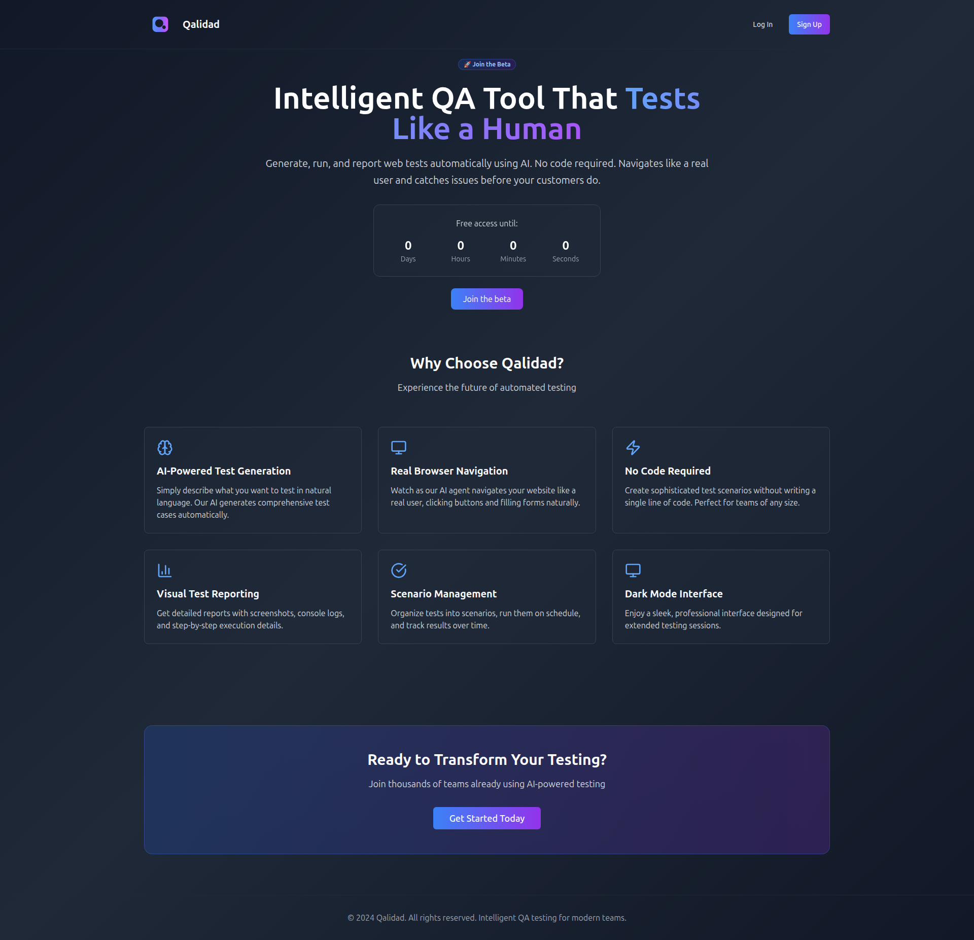 Landing page screenshot for qalidad.app, 1920 by 1852 pixels