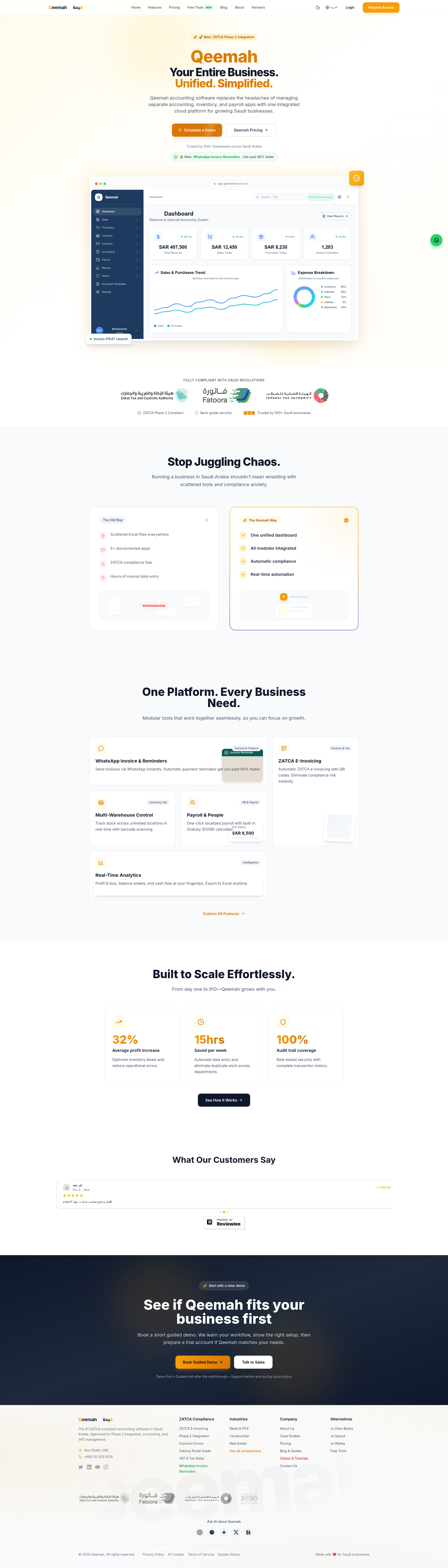 Landing page screenshot for qeemahcloud.com, 1920 by 6726 pixels