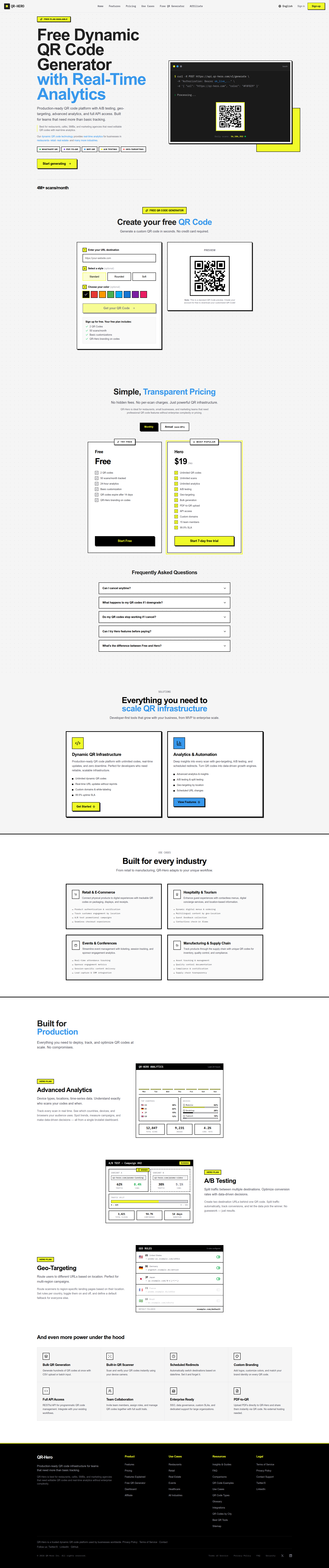 Landing page screenshot for qr-hero.com, 1920 by 9148 pixels