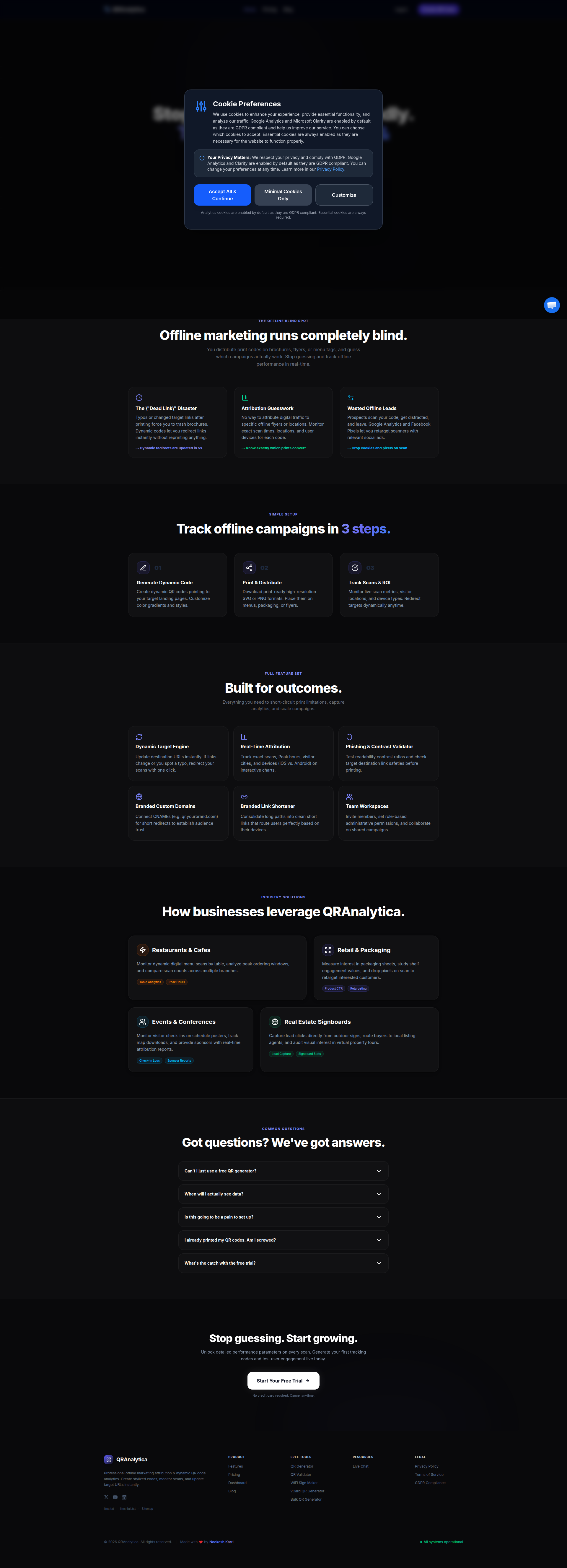 Landing page screenshot for v2.qranalytica.com, 1920 by 5308 pixels