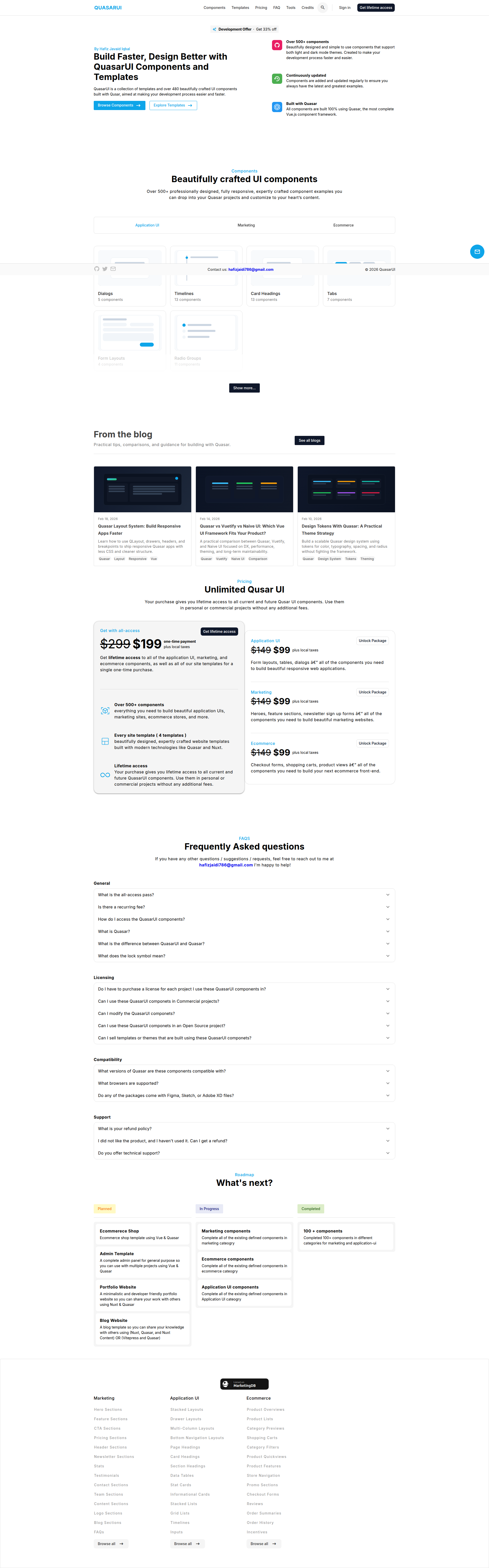 Landing page screenshot for quasarui.com, 1920 by 6155 pixels