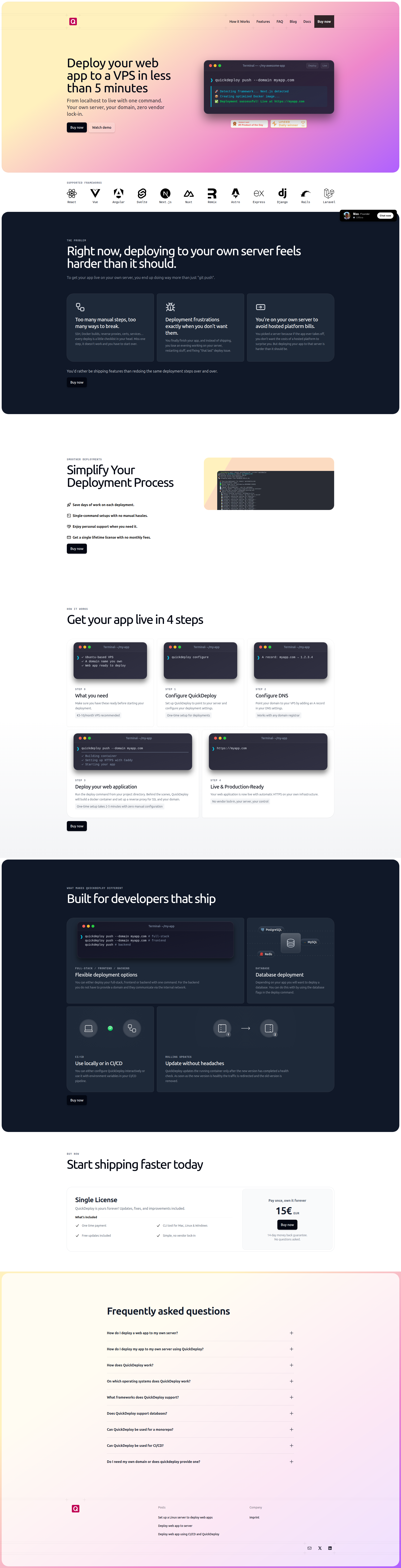 Landing page screenshot for quickdeploy.dev, 1920 by 7505 pixels