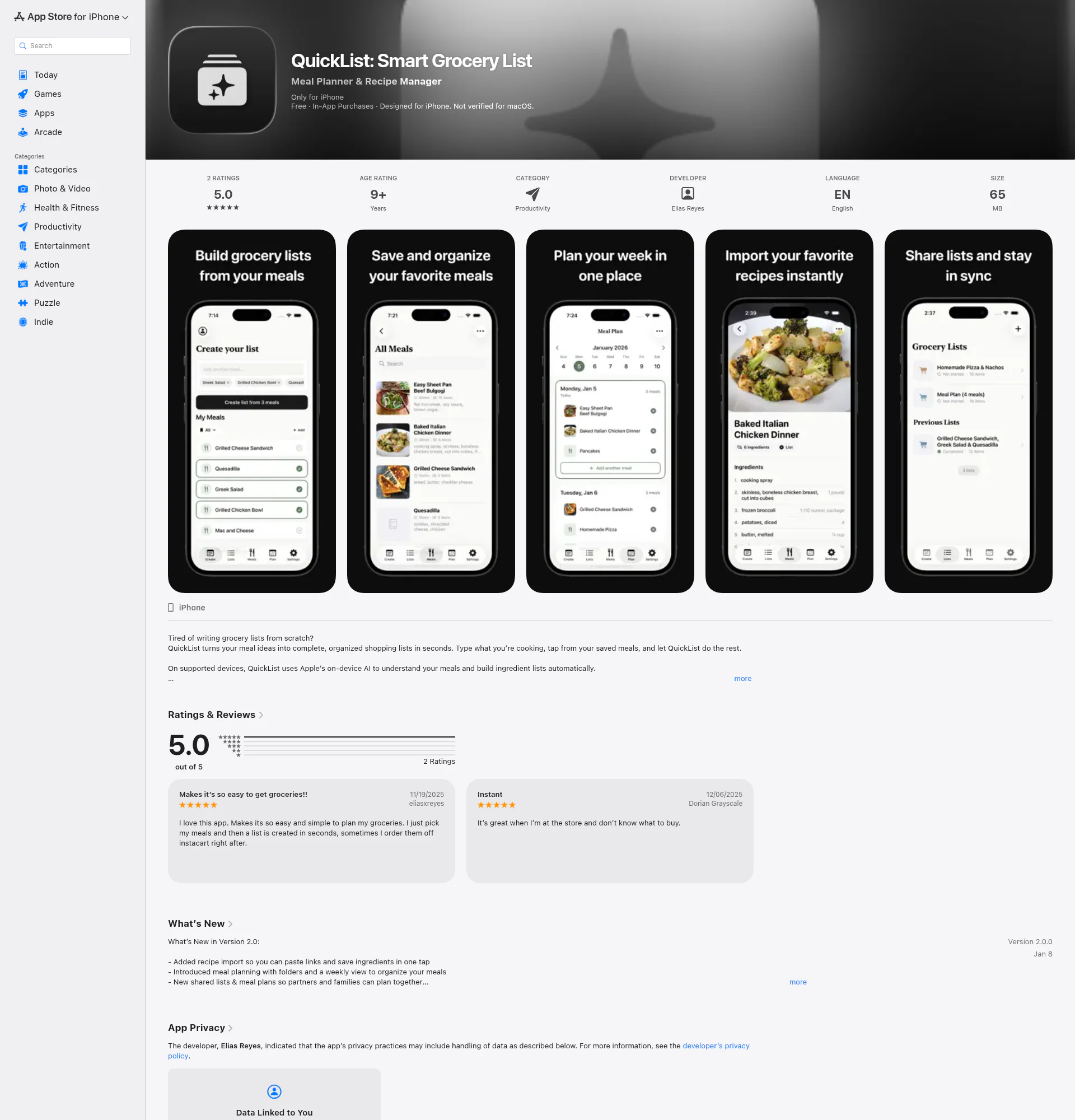 QuickList: Smart Grocery List landing page
