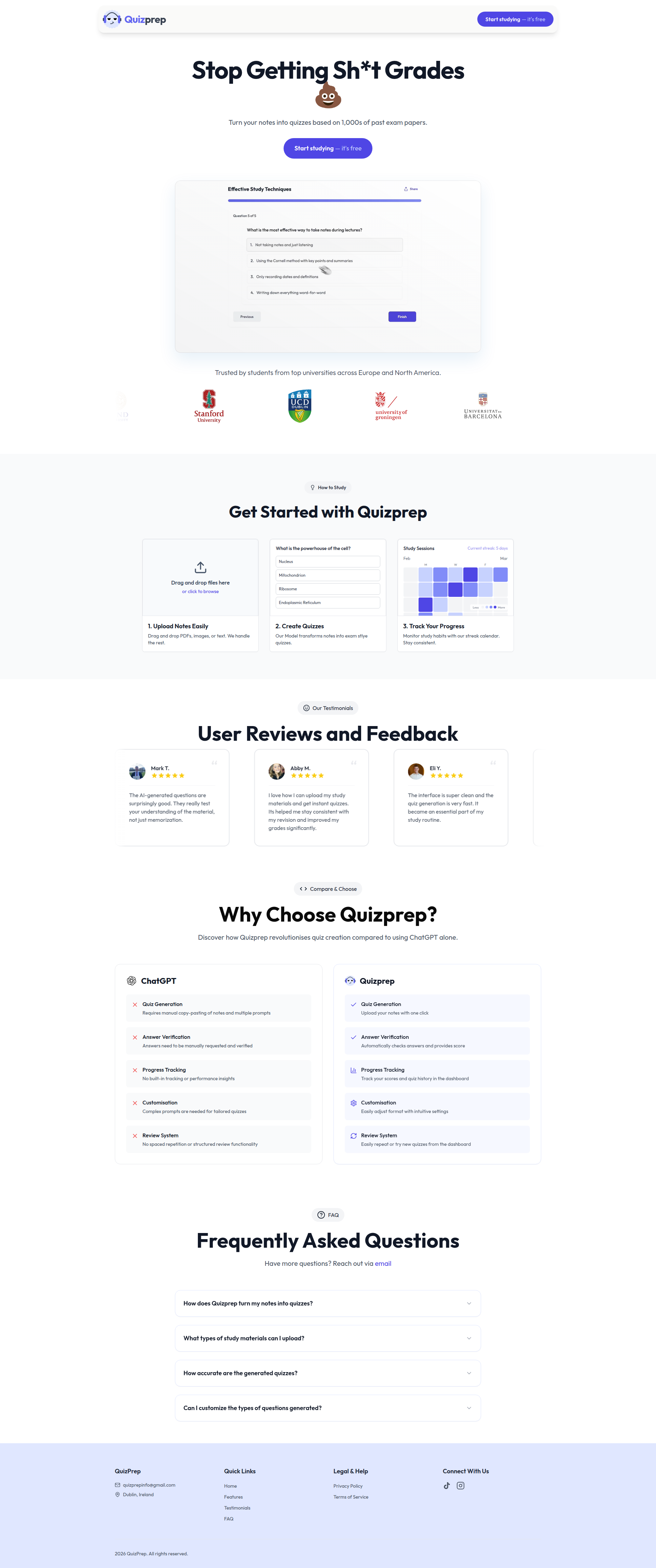 Landing page screenshot for quizprep.co, 1920 by 4587 pixels