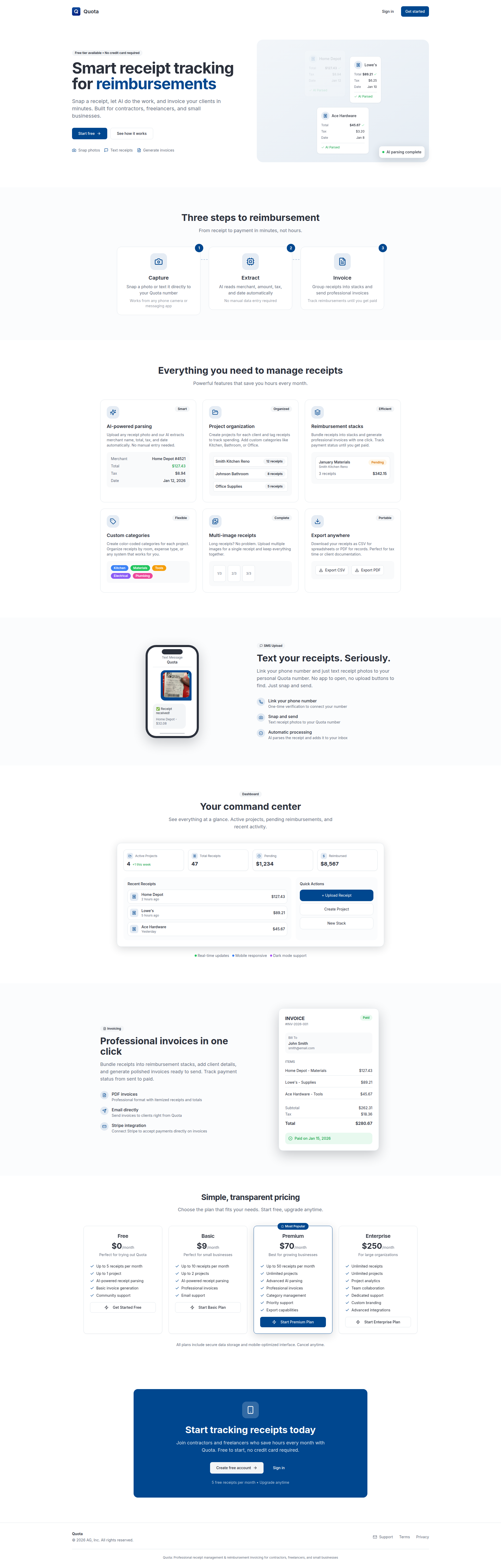 Landing page screenshot for quota.business, 1920 by 6012 pixels
