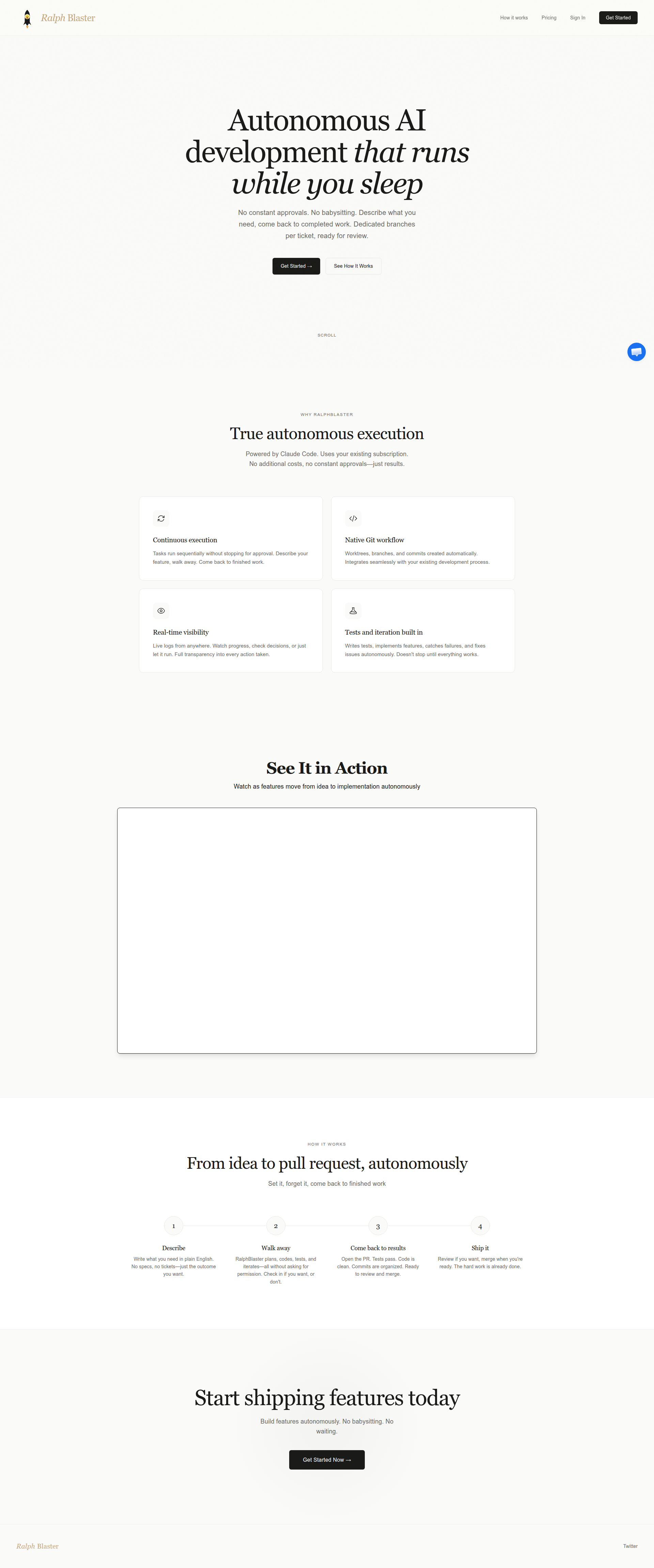 Landing page screenshot for ralphblaster.com, 1920 by 4603 pixels
