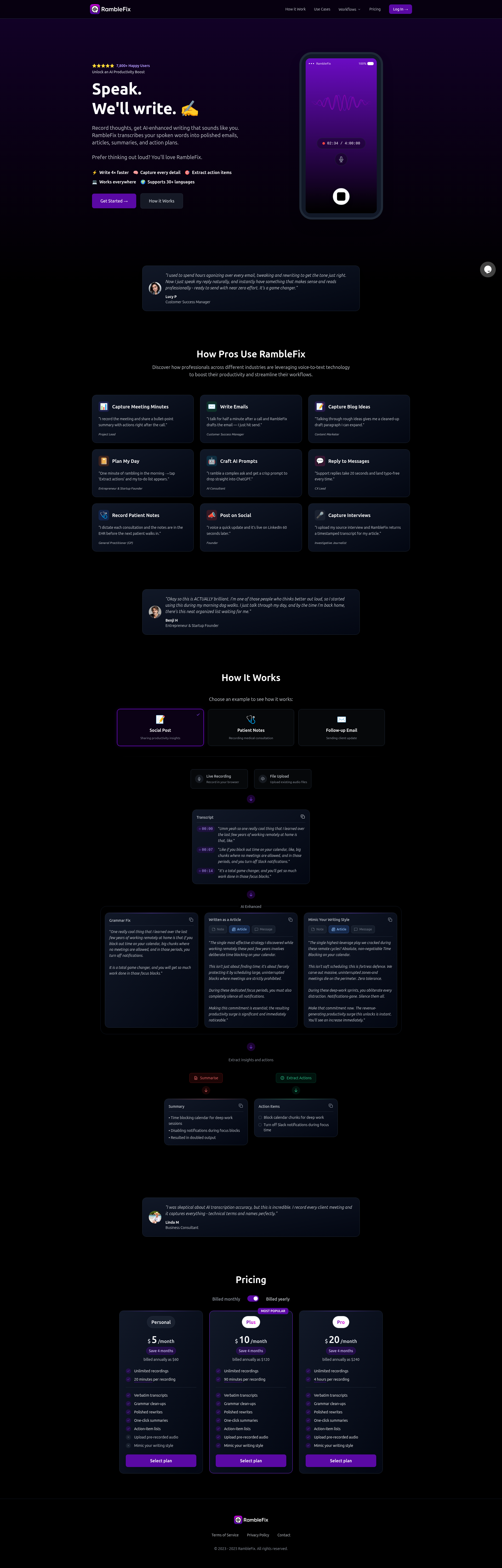 Landing page screenshot for ramblefix.com, 1920 by 5993 pixels