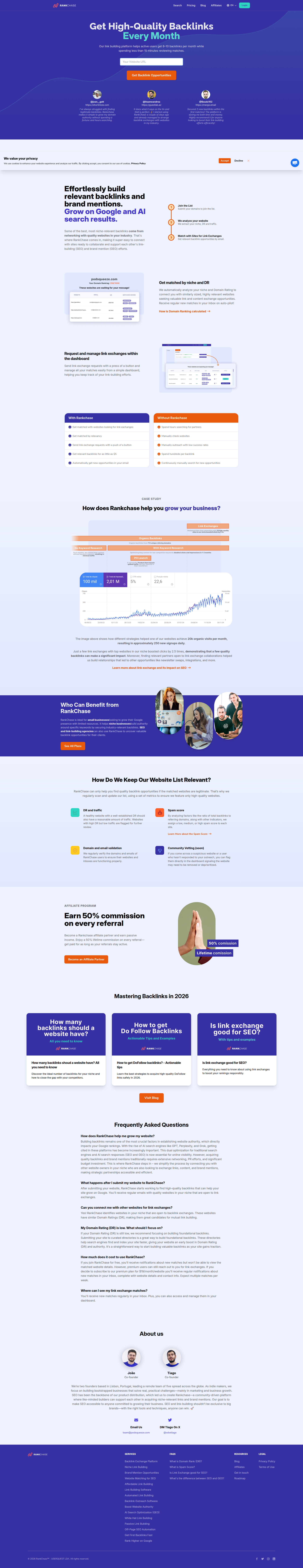 Landing page screenshot for rankchase.com, 1920 by 9950 pixels