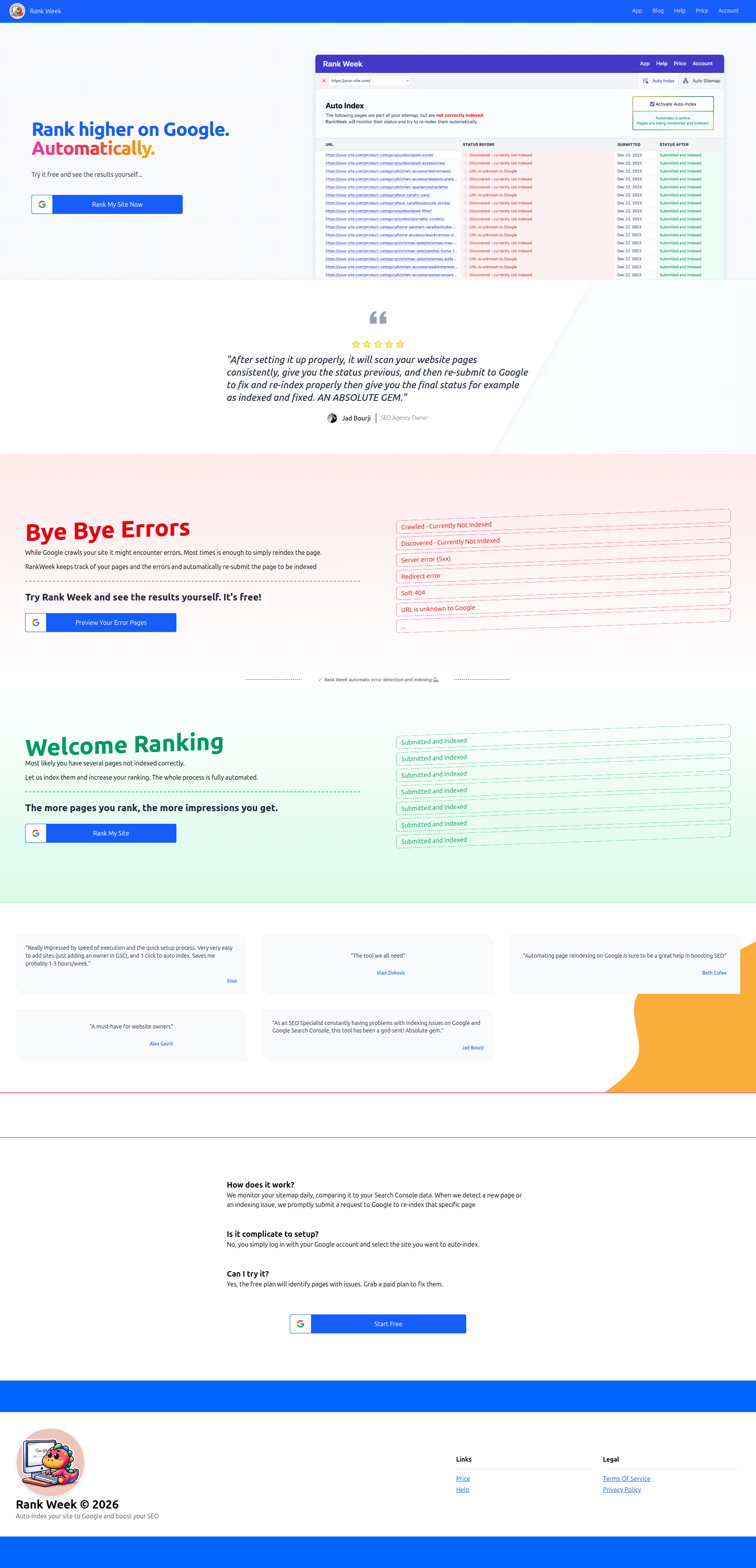 Landing page screenshot for rankweek.com, 1920 by 3982 pixels
