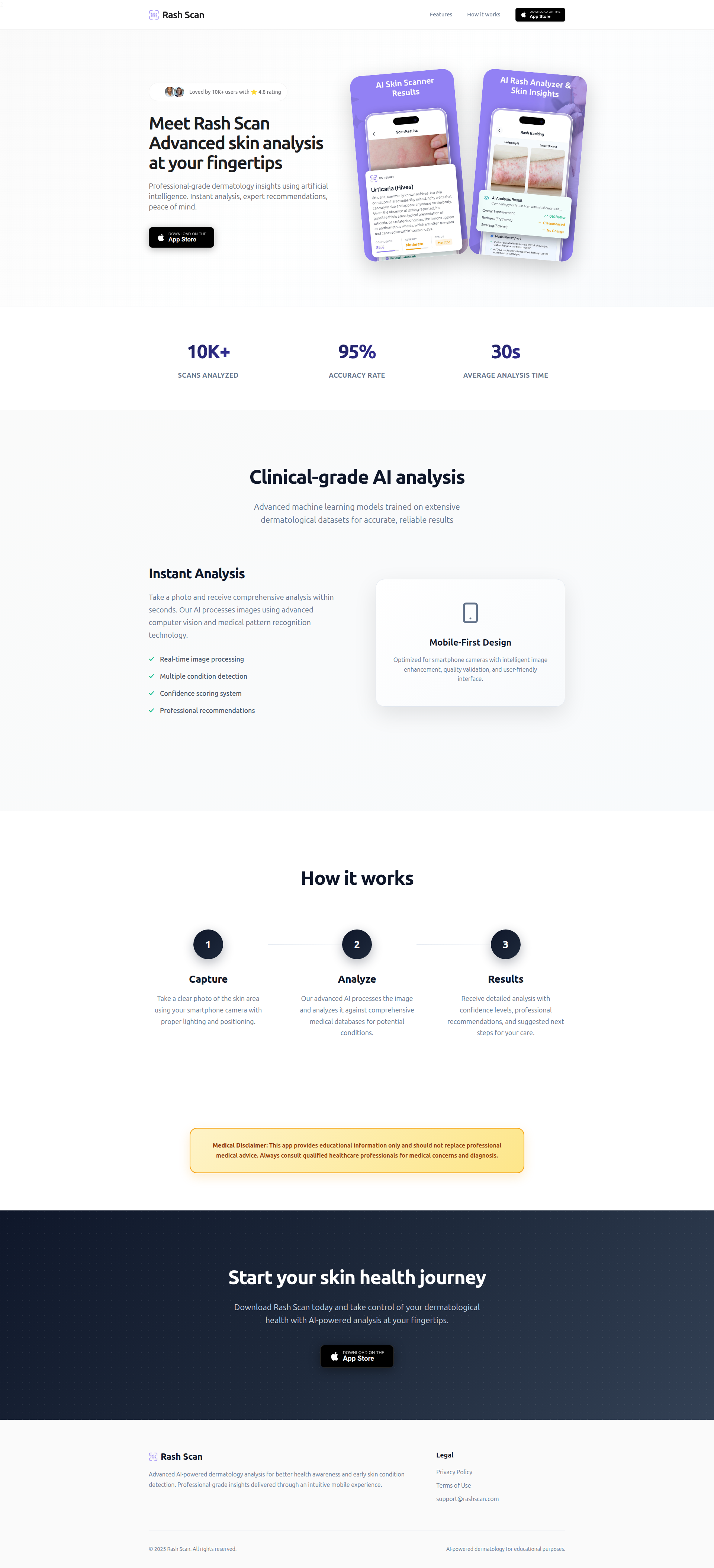 Landing page screenshot for rashscan.com, 1920 by 4214 pixels