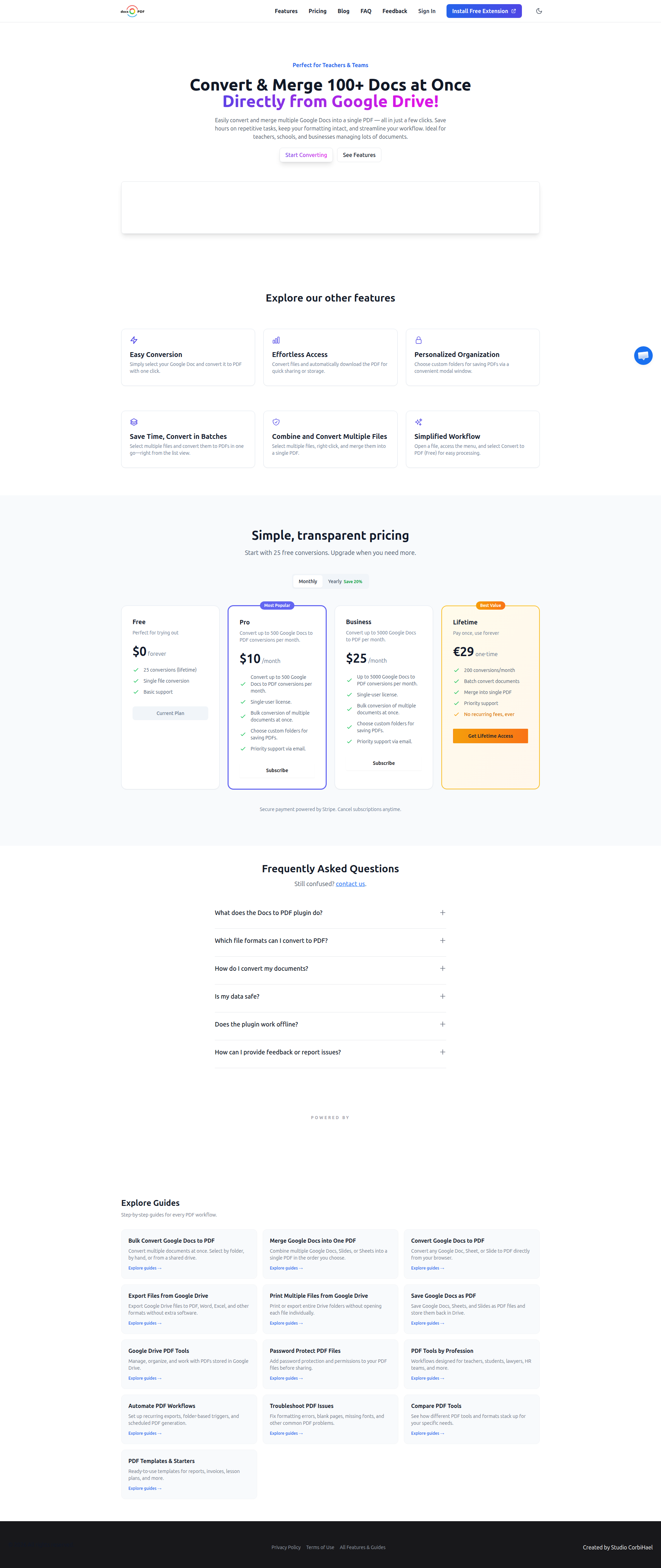 Landing page screenshot for docs-to-pdf.com, 1920 by 4555 pixels
