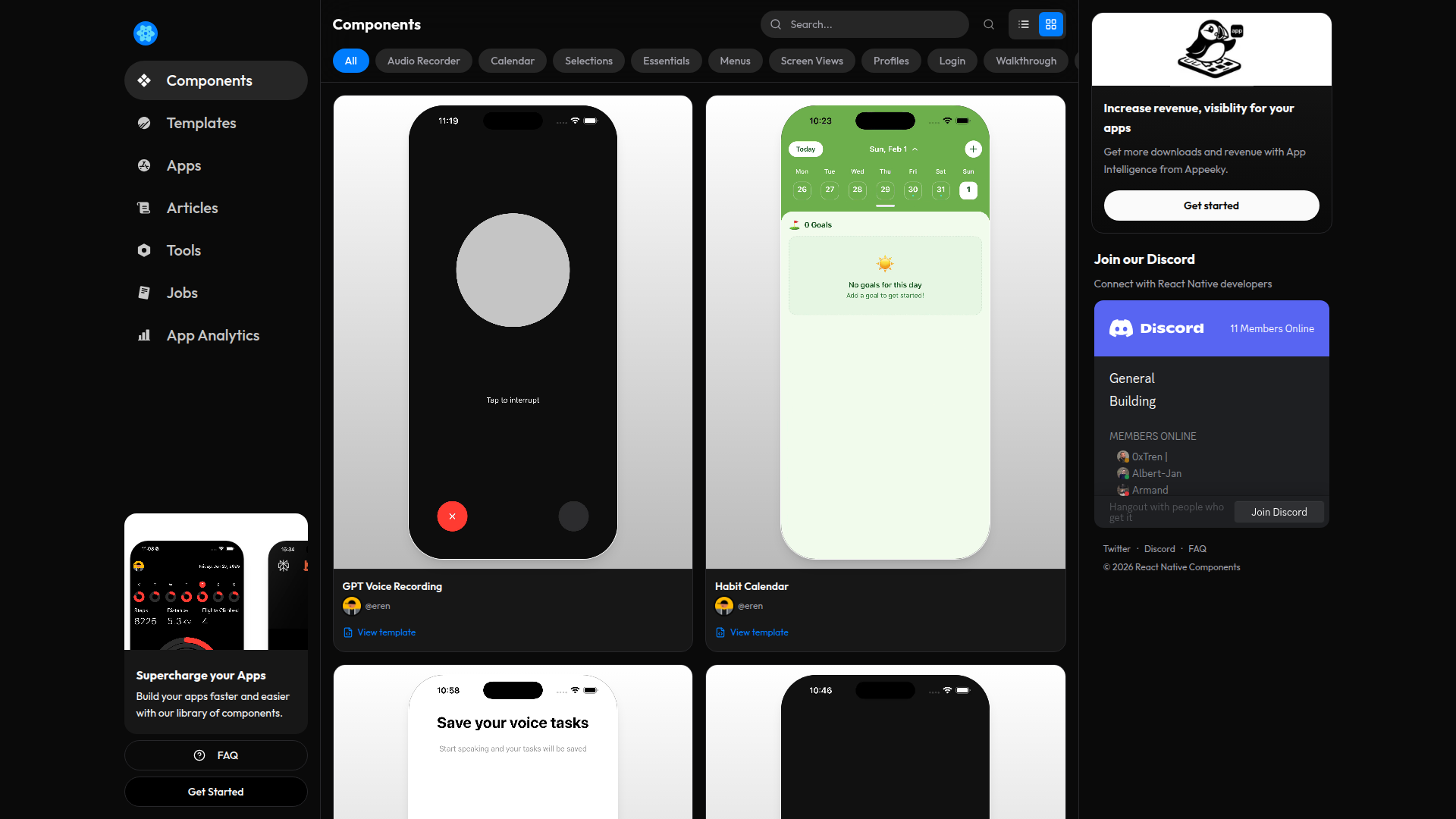 Landing page screenshot for reactnativecomponents.com, 1920 by 1080 pixels