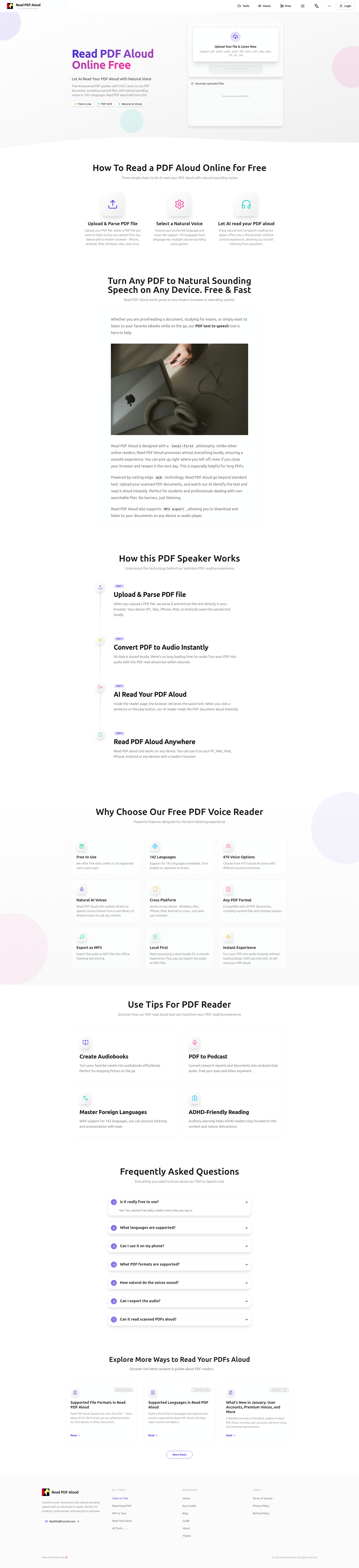 Landing page screenshot for readpdfaloud.com, 1920 by 8383 pixels