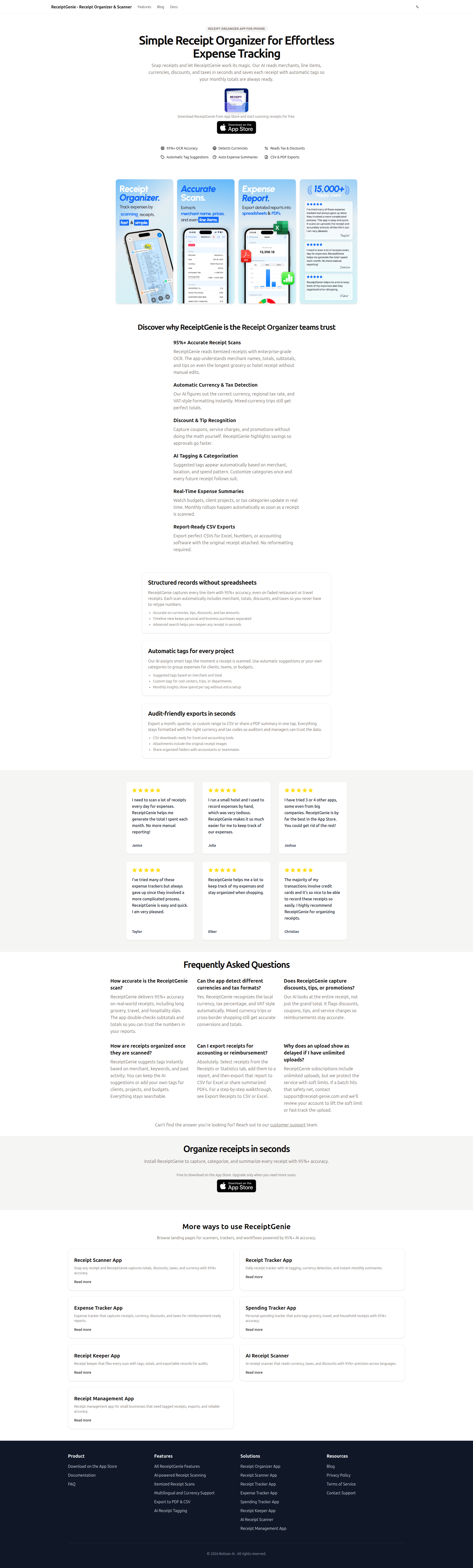 Landing page screenshot for receipt-genie.com, 1920 by 6367 pixels