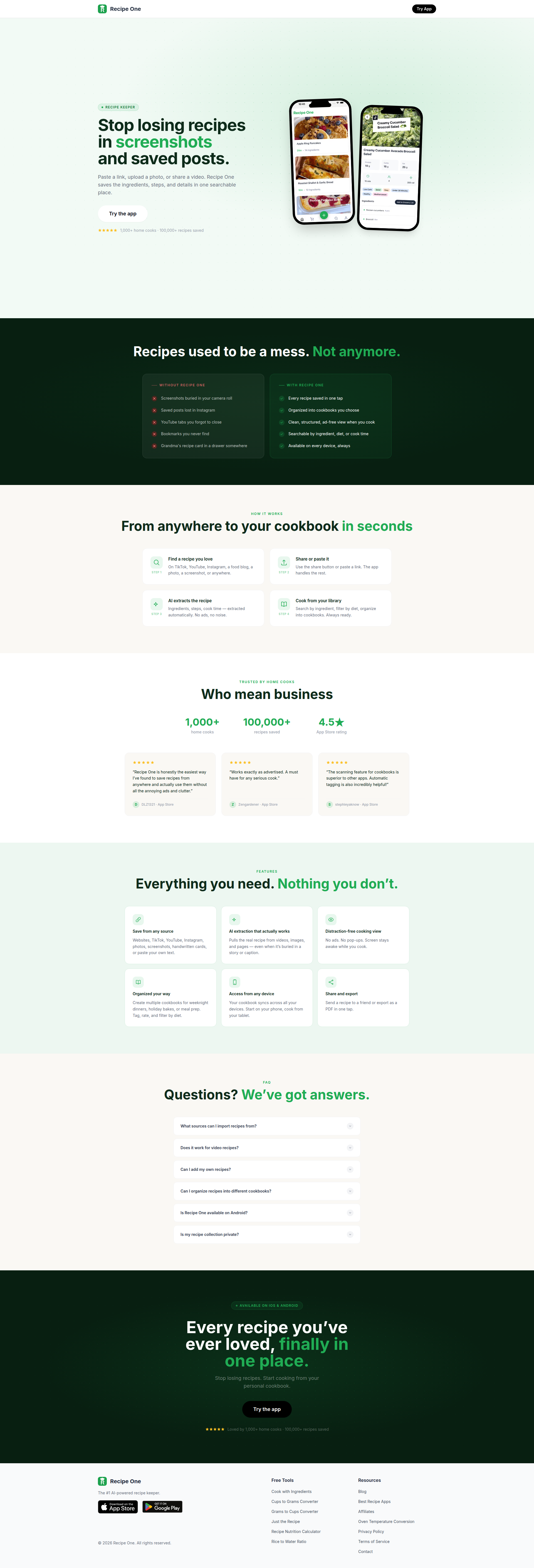 Landing page screenshot for recipeone.app, 1920 by 5642 pixels