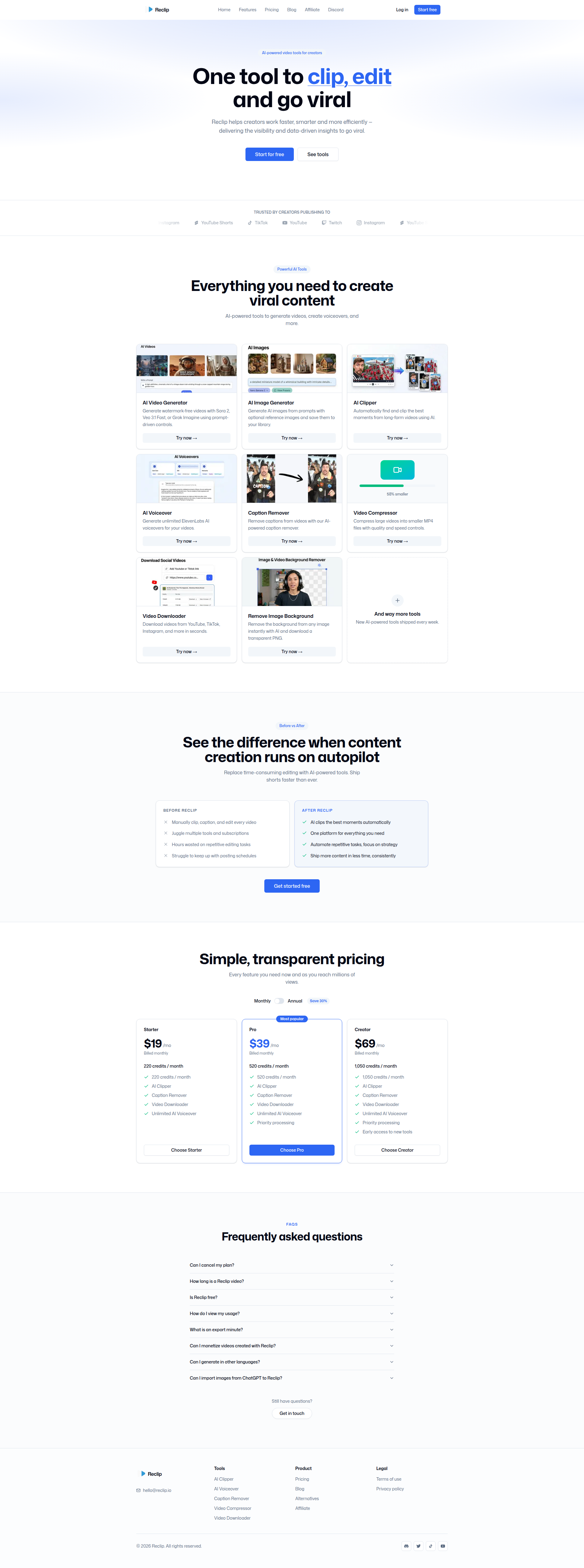 Landing page screenshot for reclip.io, 1920 by 5152 pixels