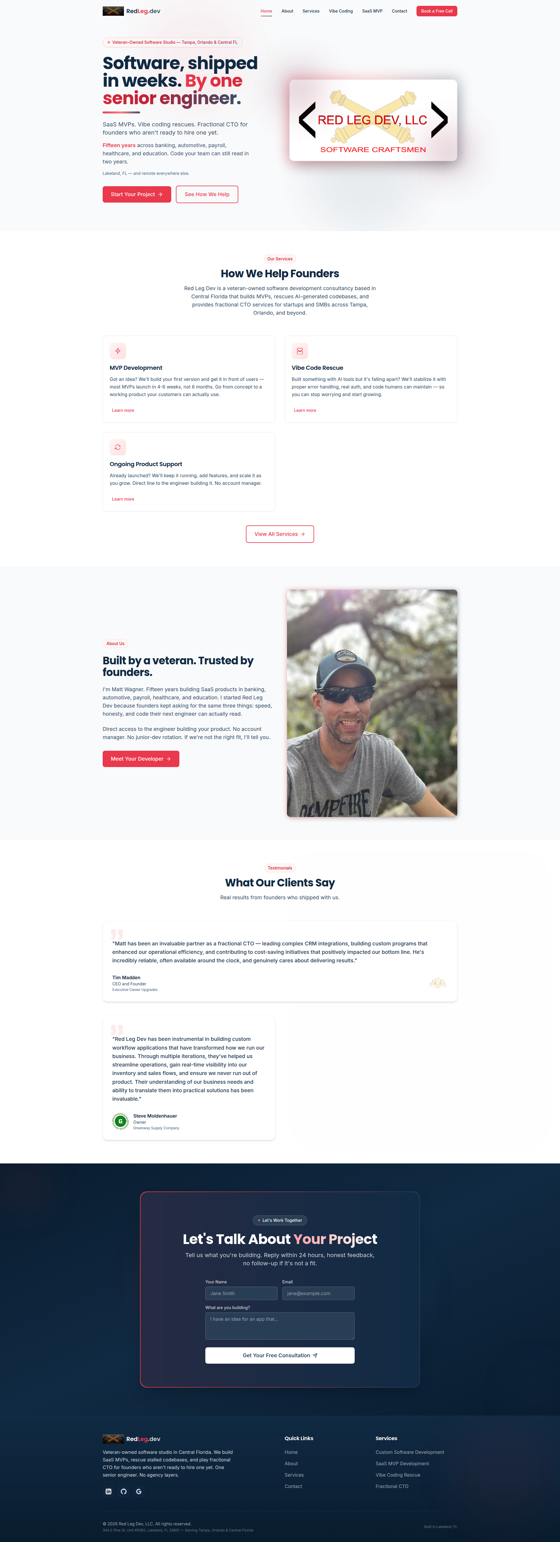 Landing page screenshot for redleg.dev, 1920 by 5283 pixels
