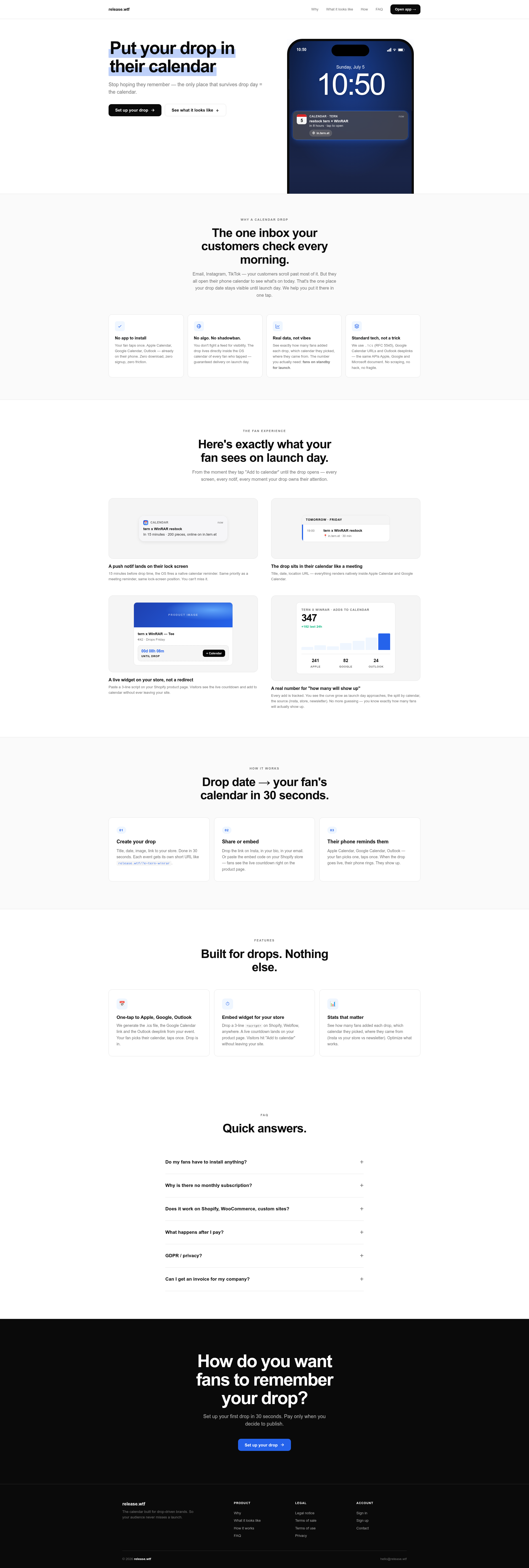 Landing page screenshot for release.wtf, 1920 by 5691 pixels