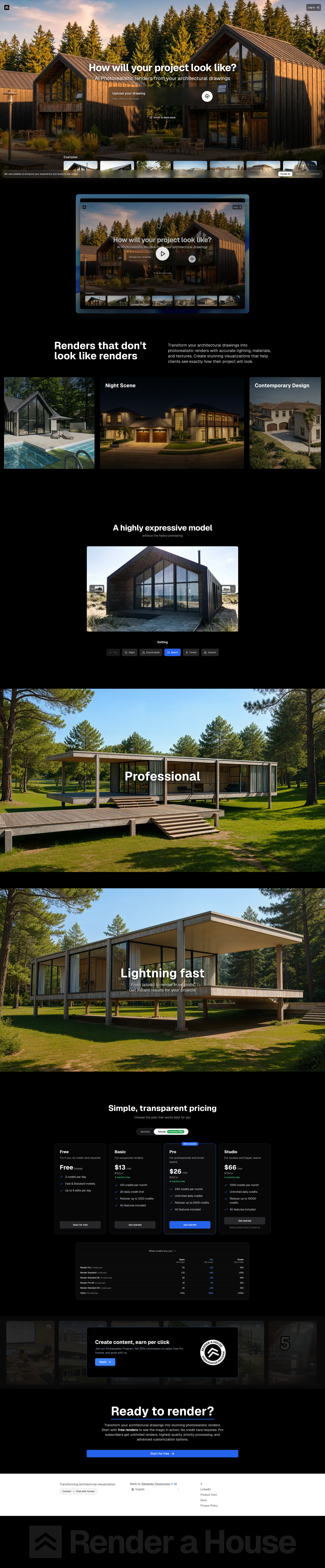 Landing page screenshot for renderahouse.com, 1920 by 9239 pixels