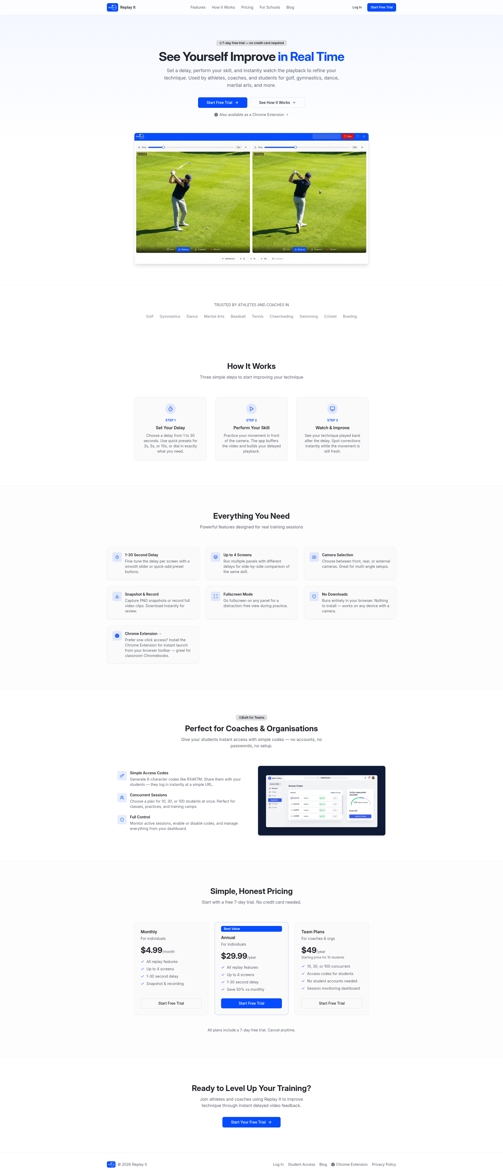 Landing page screenshot for replayitapp.com, 1920 by 4482 pixels