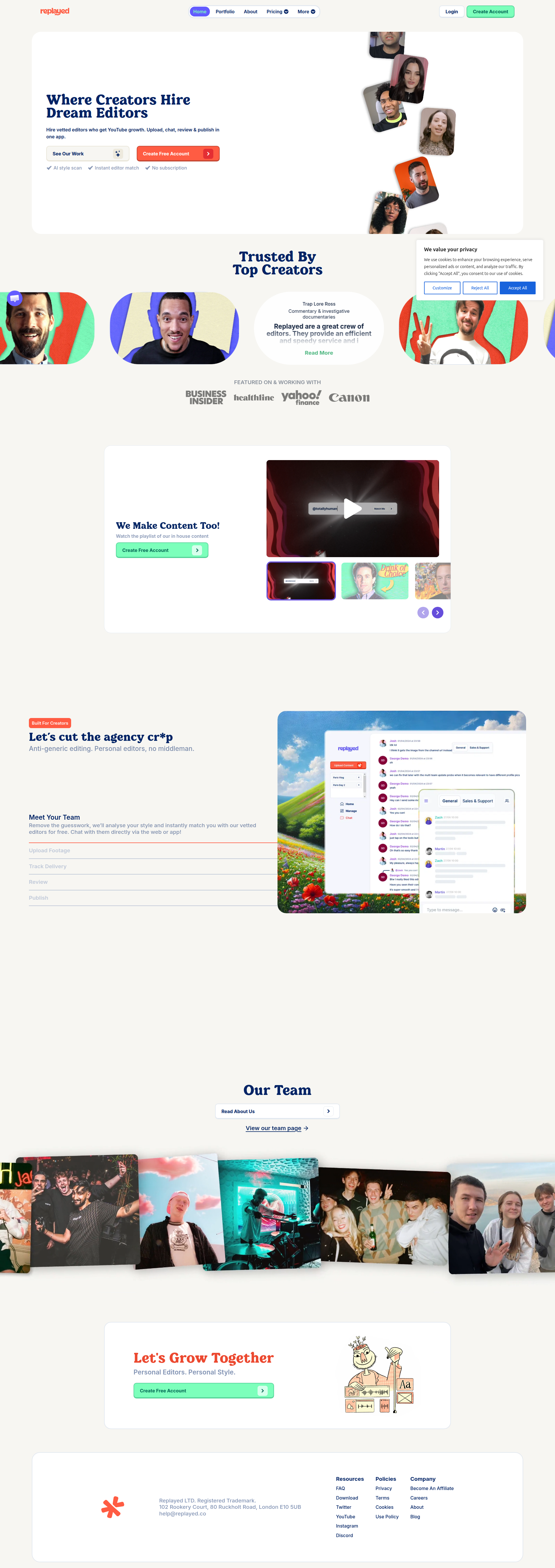 Landing page screenshot for replayed.co, 1920 by 5429 pixels