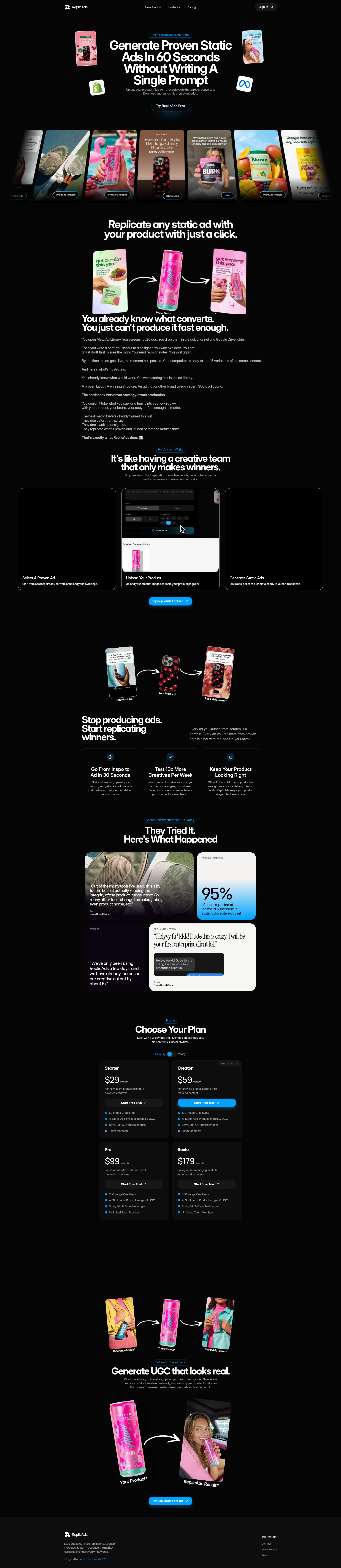 Landing page screenshot for replicads.ai, 1920 by 8823 pixels