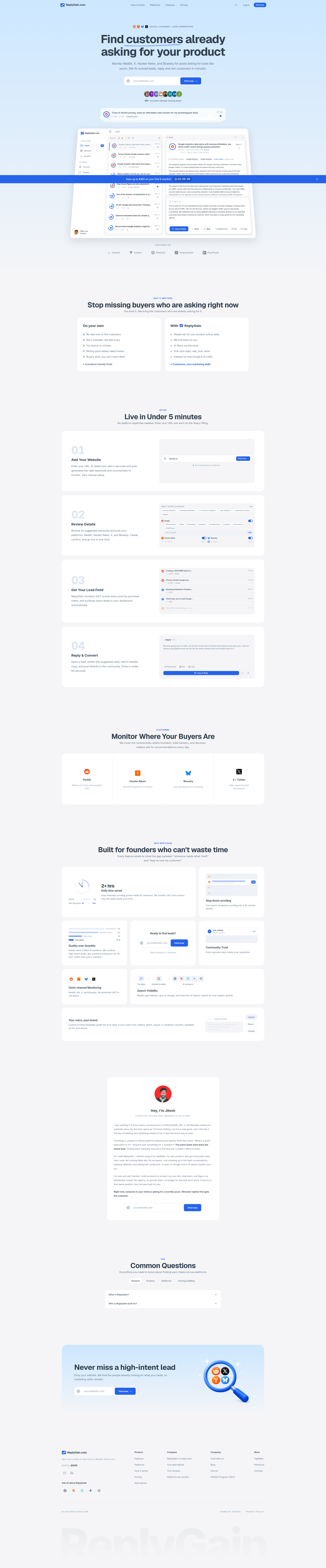 Landing page screenshot for replygain.com, 1920 by 9242 pixels