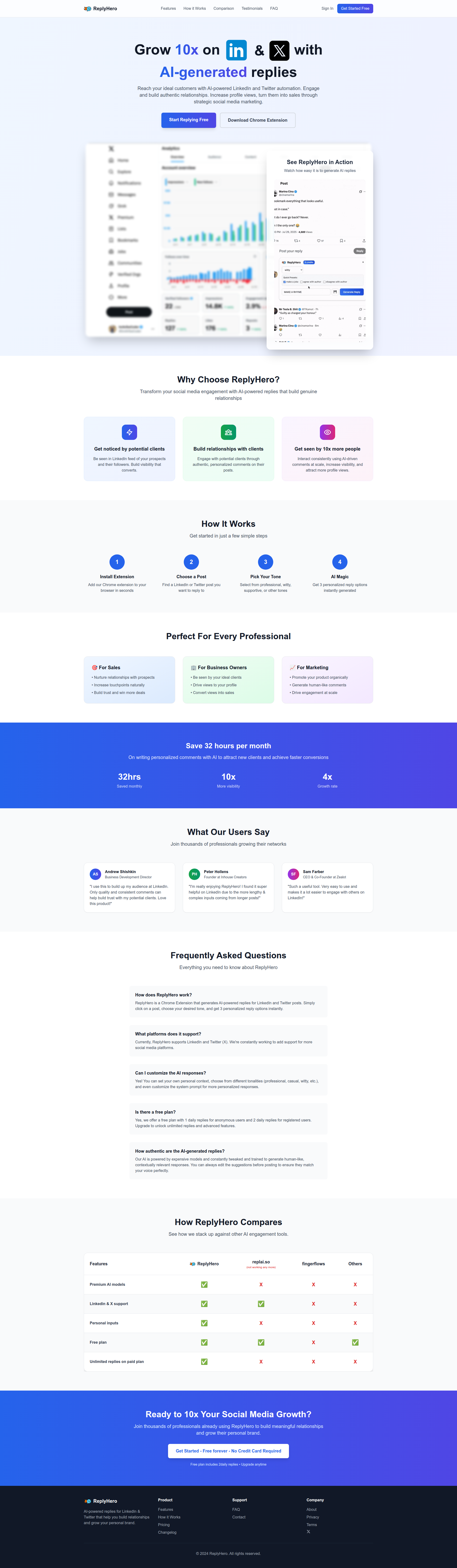 Landing page screenshot for bereplyhero.com, 1920 by 6584 pixels