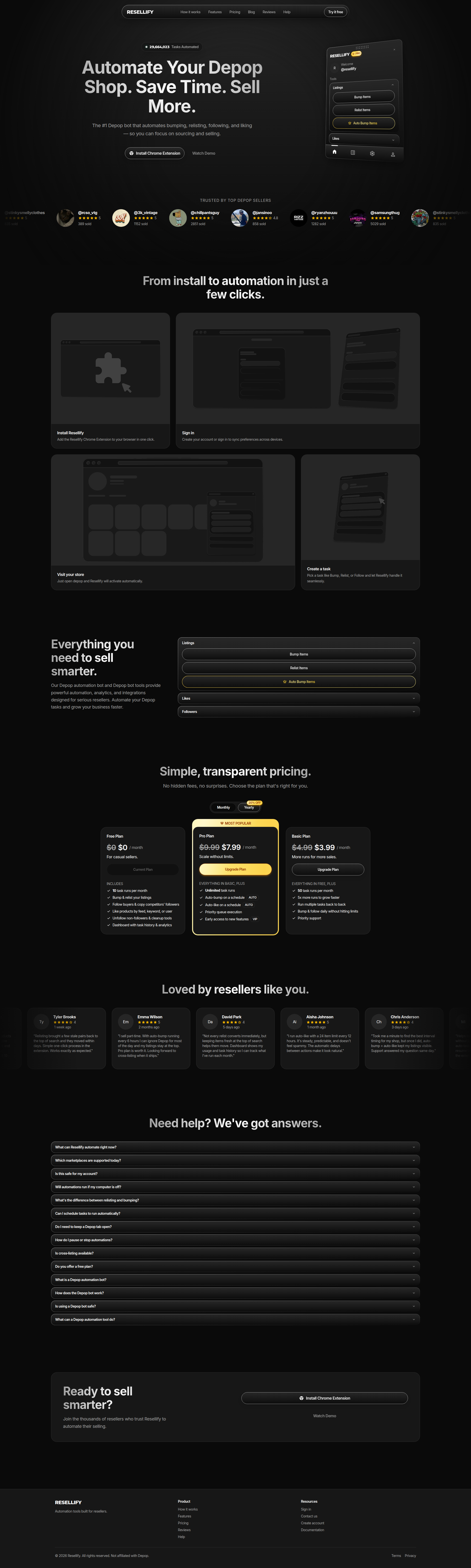 Landing page screenshot for resellify.pro, 1920 by 6387 pixels