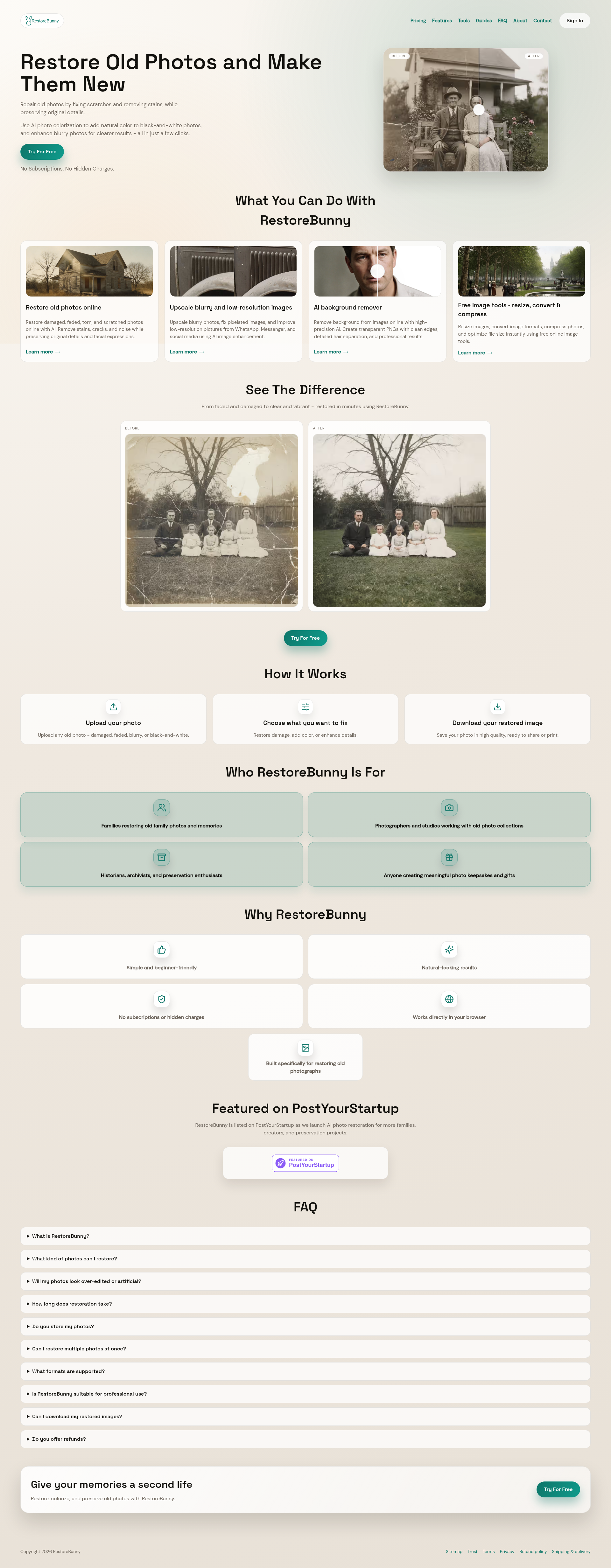 Landing page screenshot for restorebunny.com, 1920 by 4929 pixels