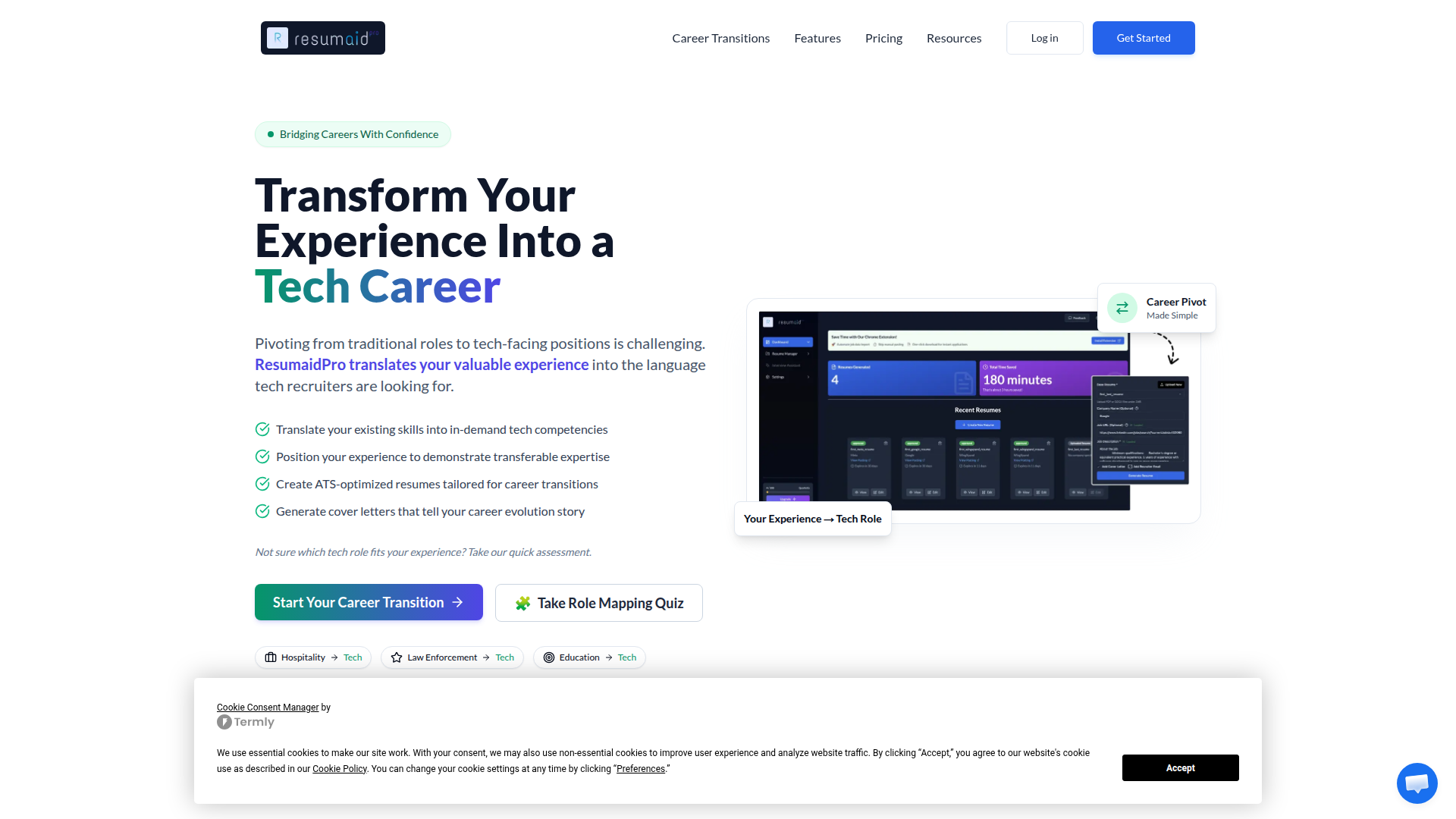 Landing page screenshot for resumaidpro.io, 1920 by 1080 pixels
