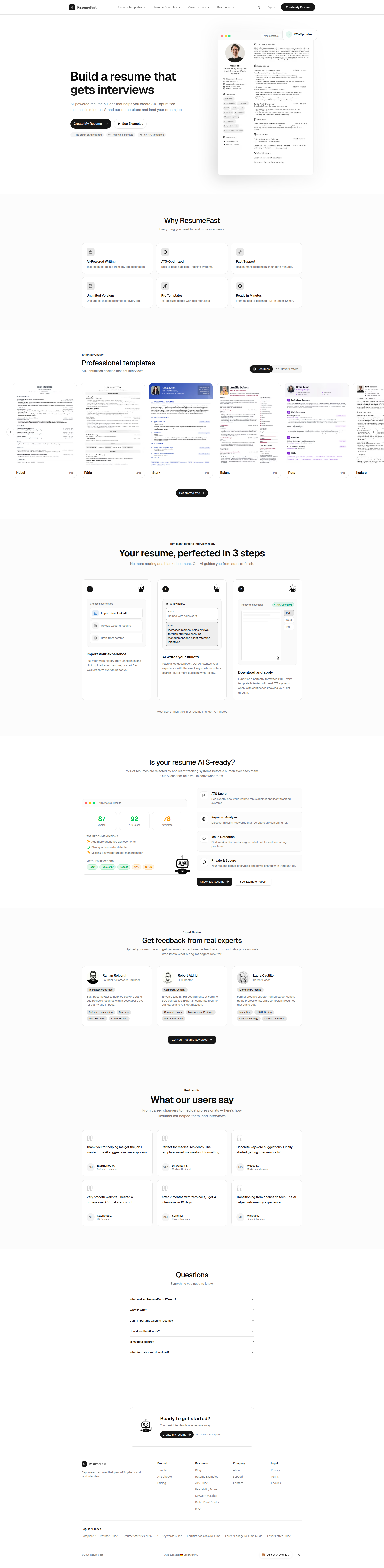 Landing page screenshot for resumefast.io, 1920 by 7846 pixels