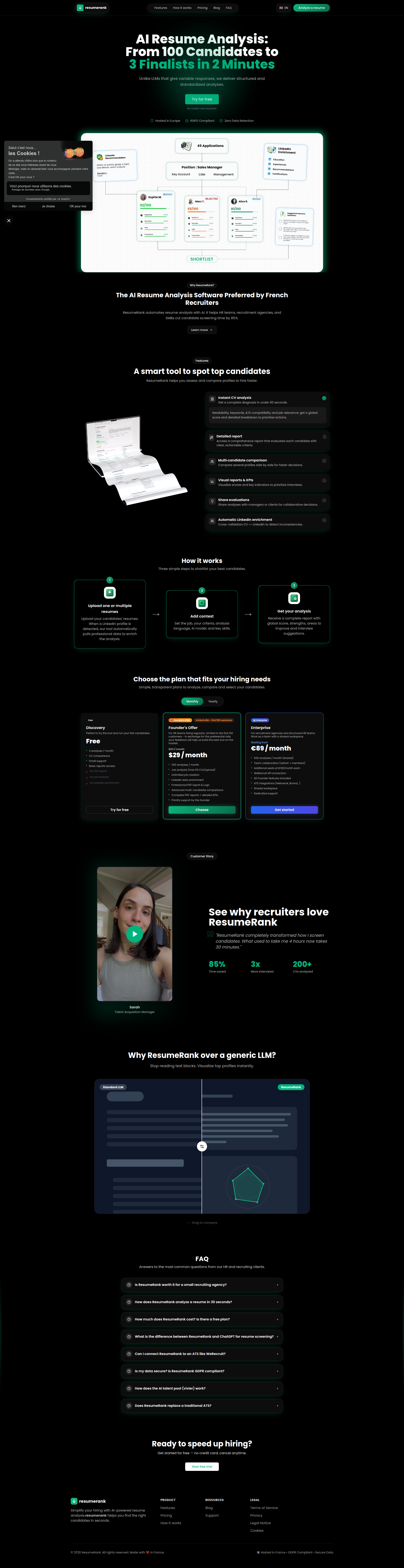 Landing page screenshot for resumerank.io, 1920 by 7442 pixels