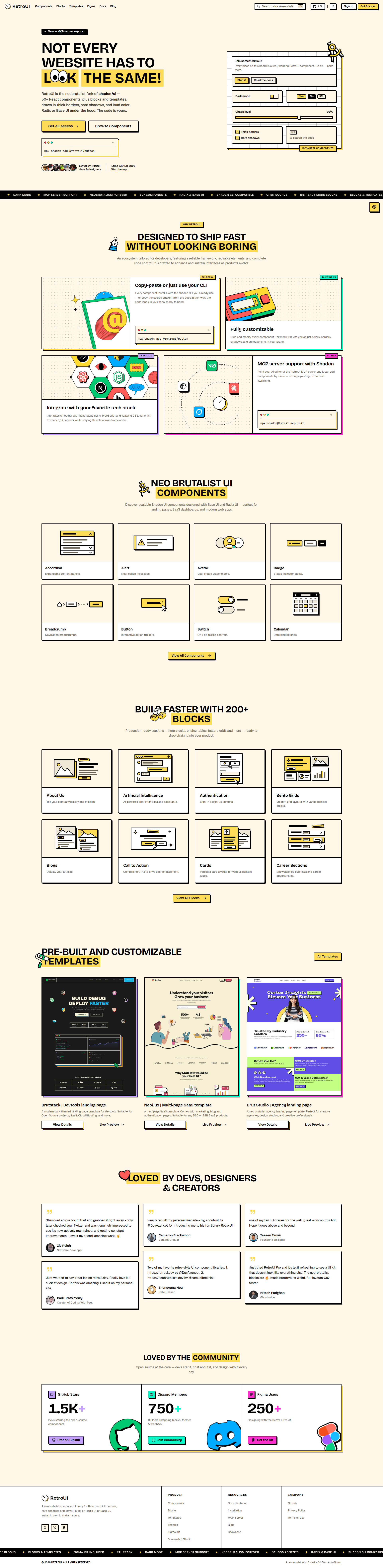 Landing page screenshot for retroui.dev, 1920 by 7844 pixels