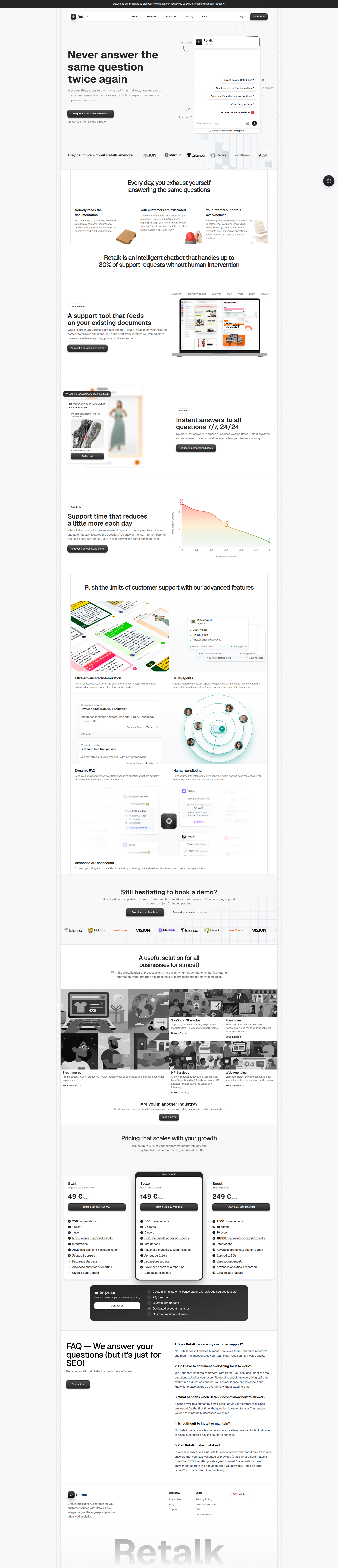 Landing page screenshot for retalk.bot, 1920 by 8911 pixels