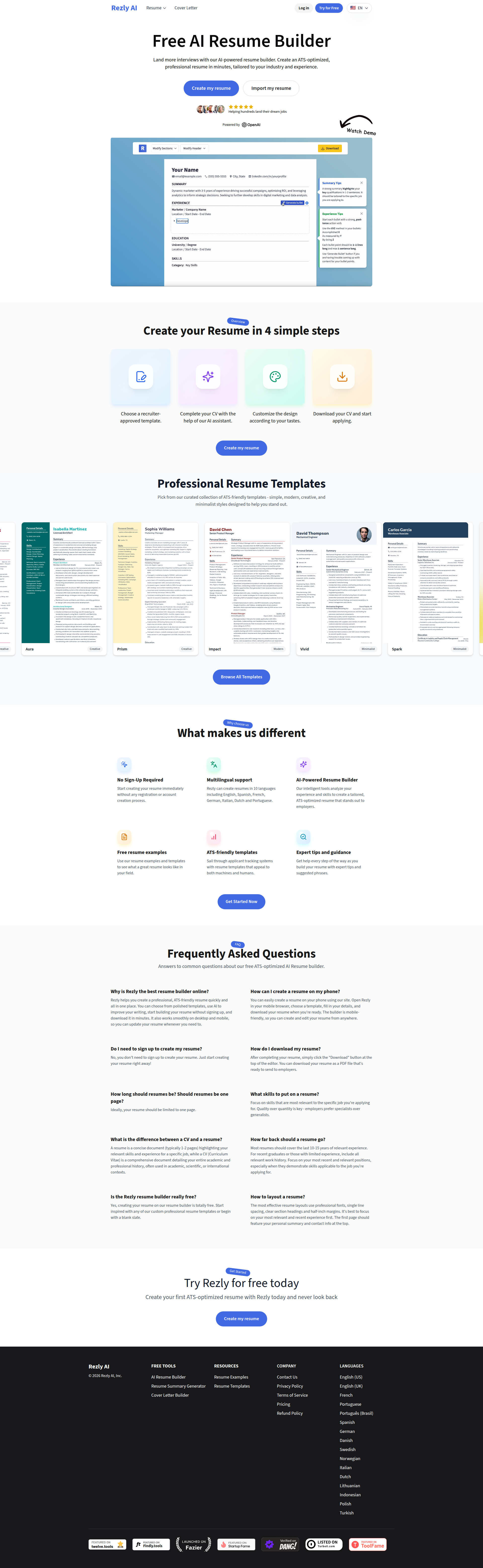 Landing page screenshot for rezly.ai, 1920 by 6232 pixels