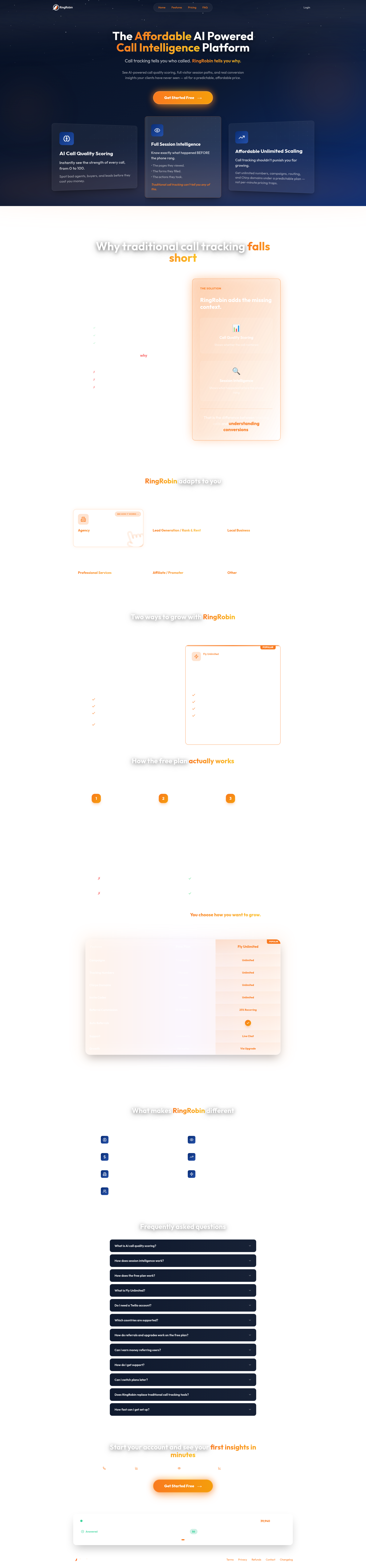 Landing page screenshot for ringrobin.net, 1920 by 8219 pixels