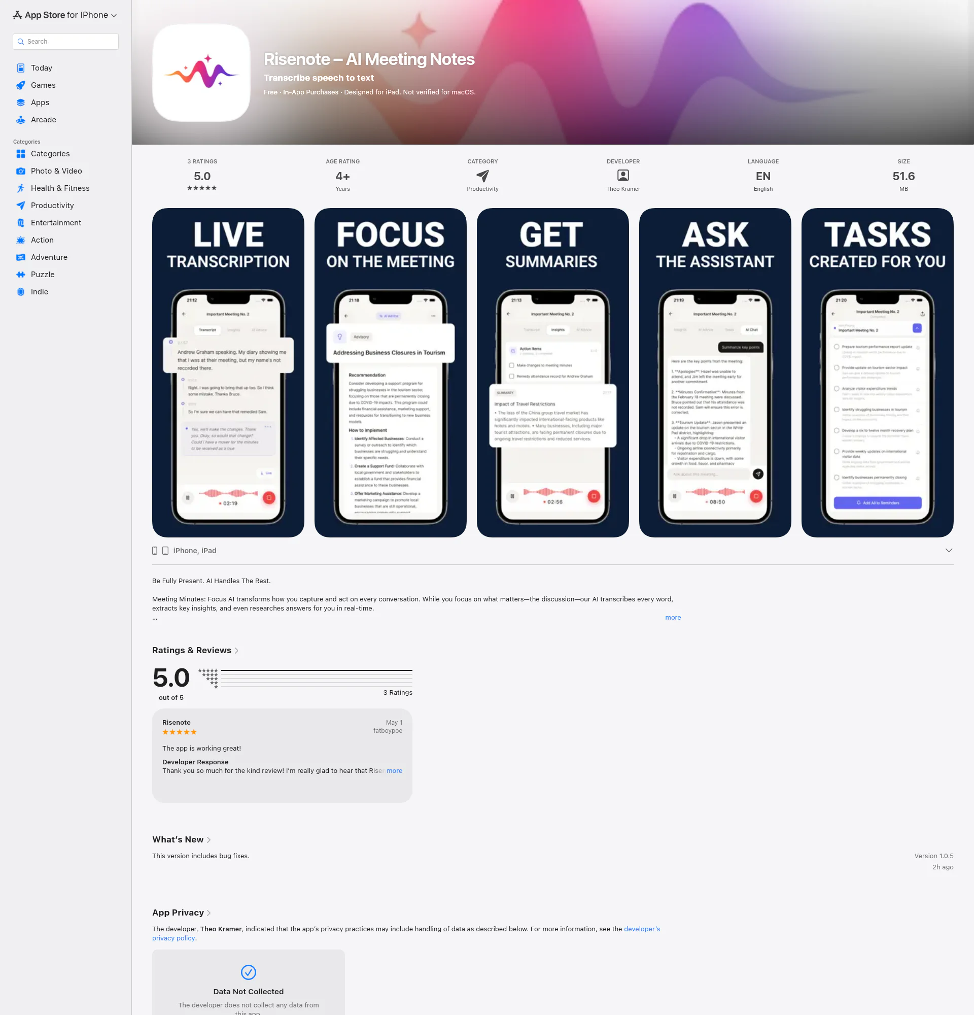Risenote landing page