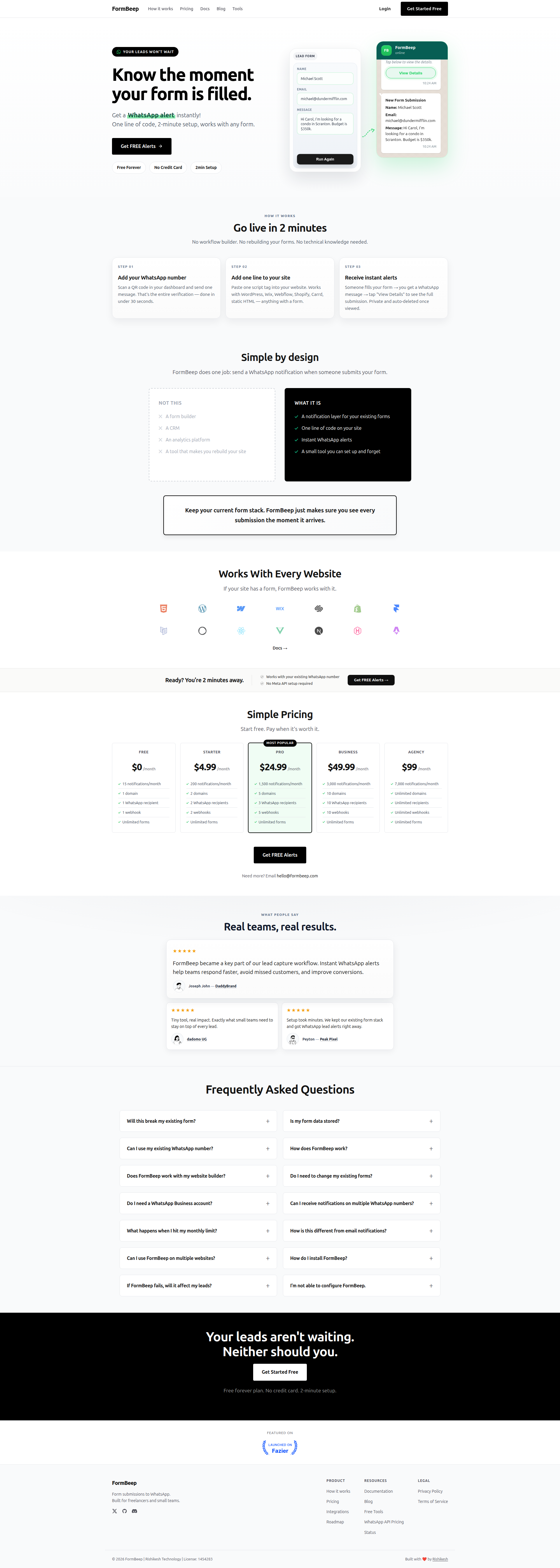 Landing page screenshot for formbeep.com, 1920 by 5374 pixels