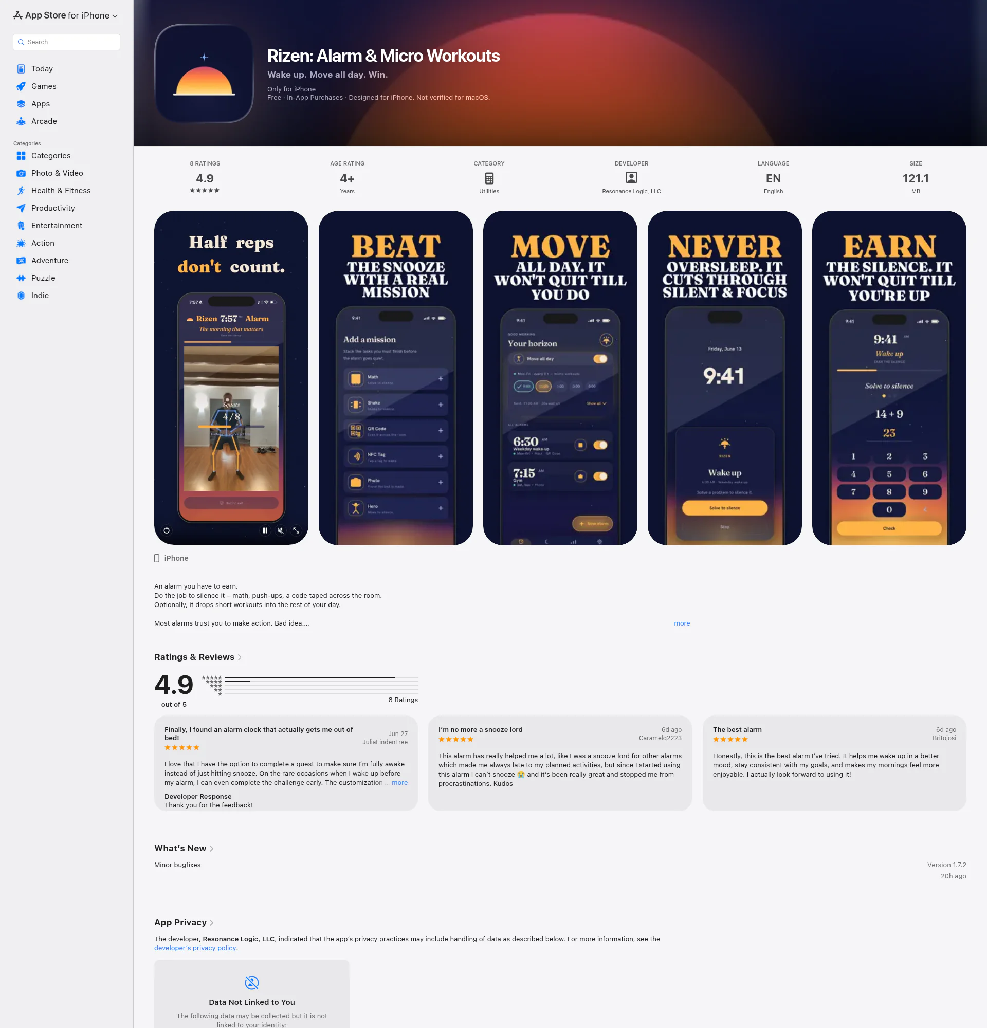 Rizen: No Snooze Alarm Clock landing page