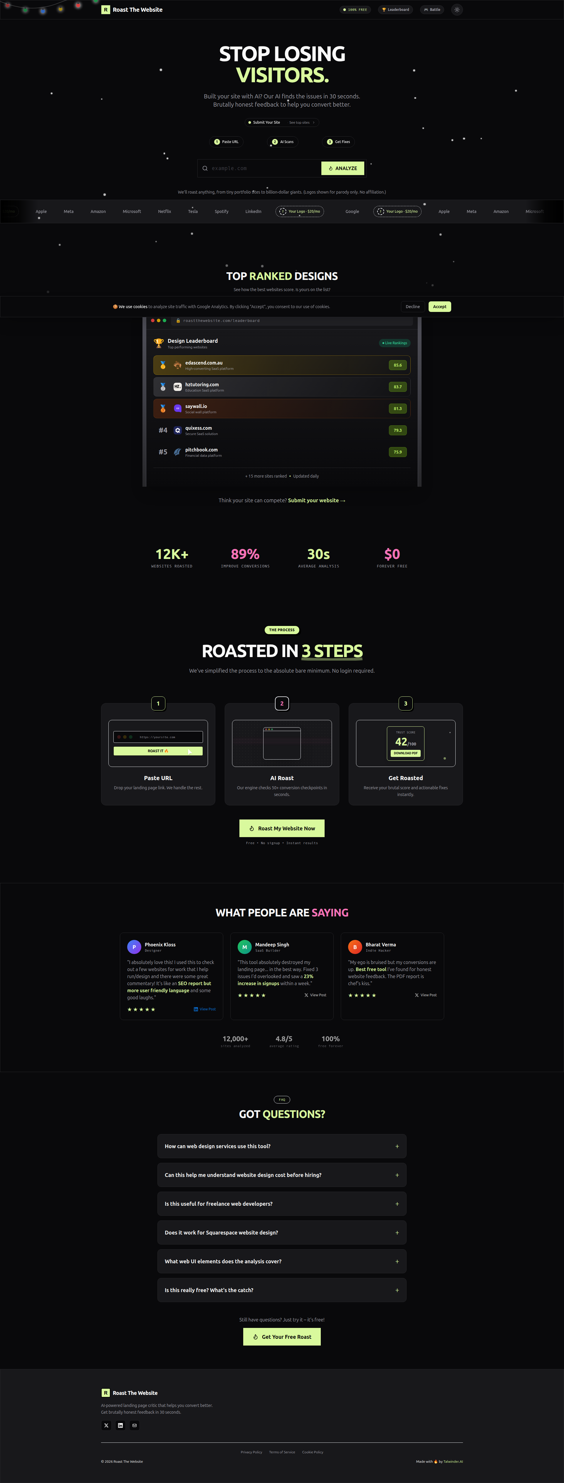 Landing page screenshot for roastthewebsite.com, 1920 by 5049 pixels