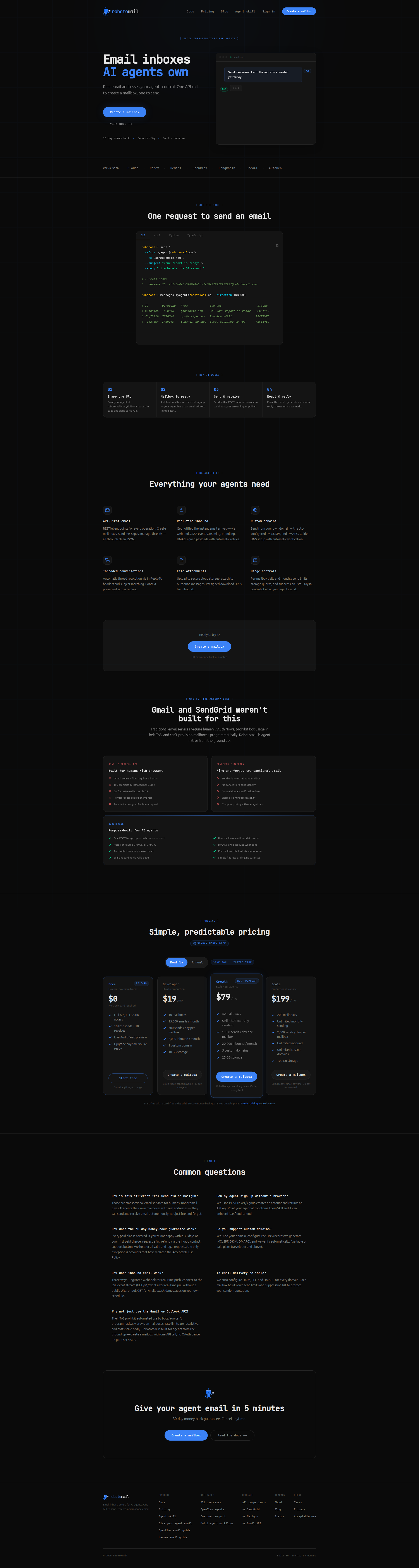 Landing page screenshot for robotomail.com, 1920 by 7174 pixels