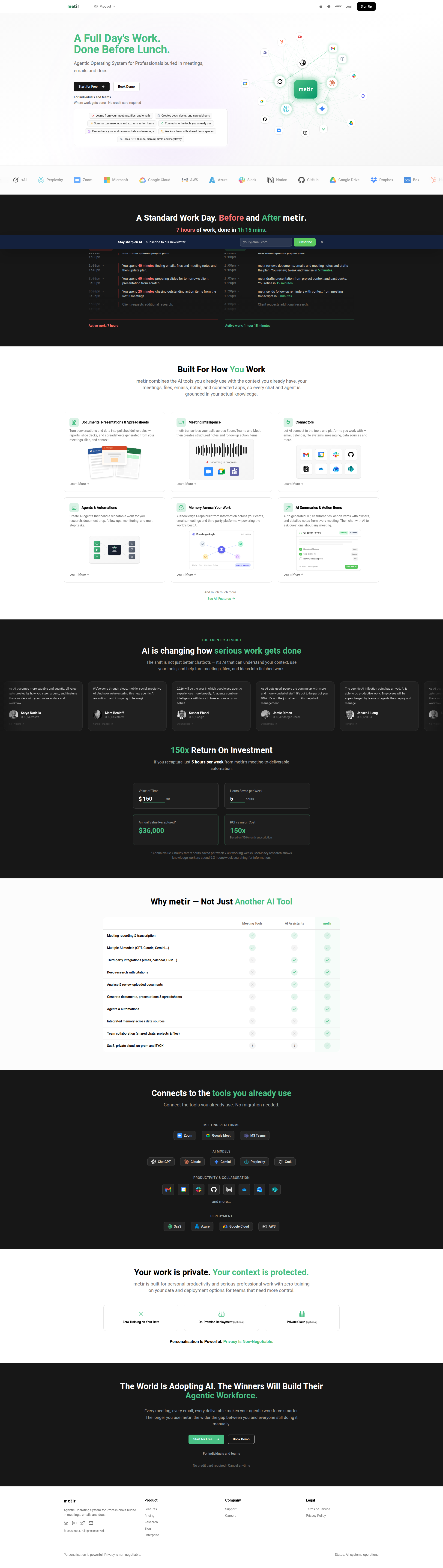 Landing page screenshot for metirai.com, 1920 by 6794 pixels