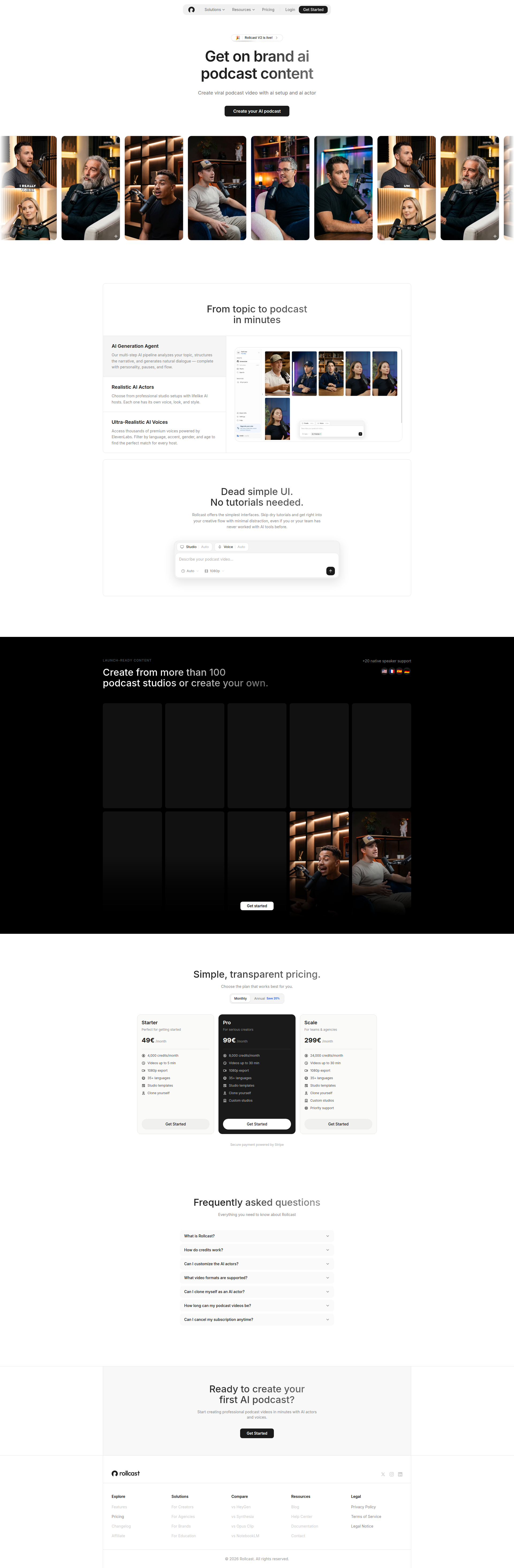 Landing page screenshot for rollcast.ai, 1920 by 5857 pixels