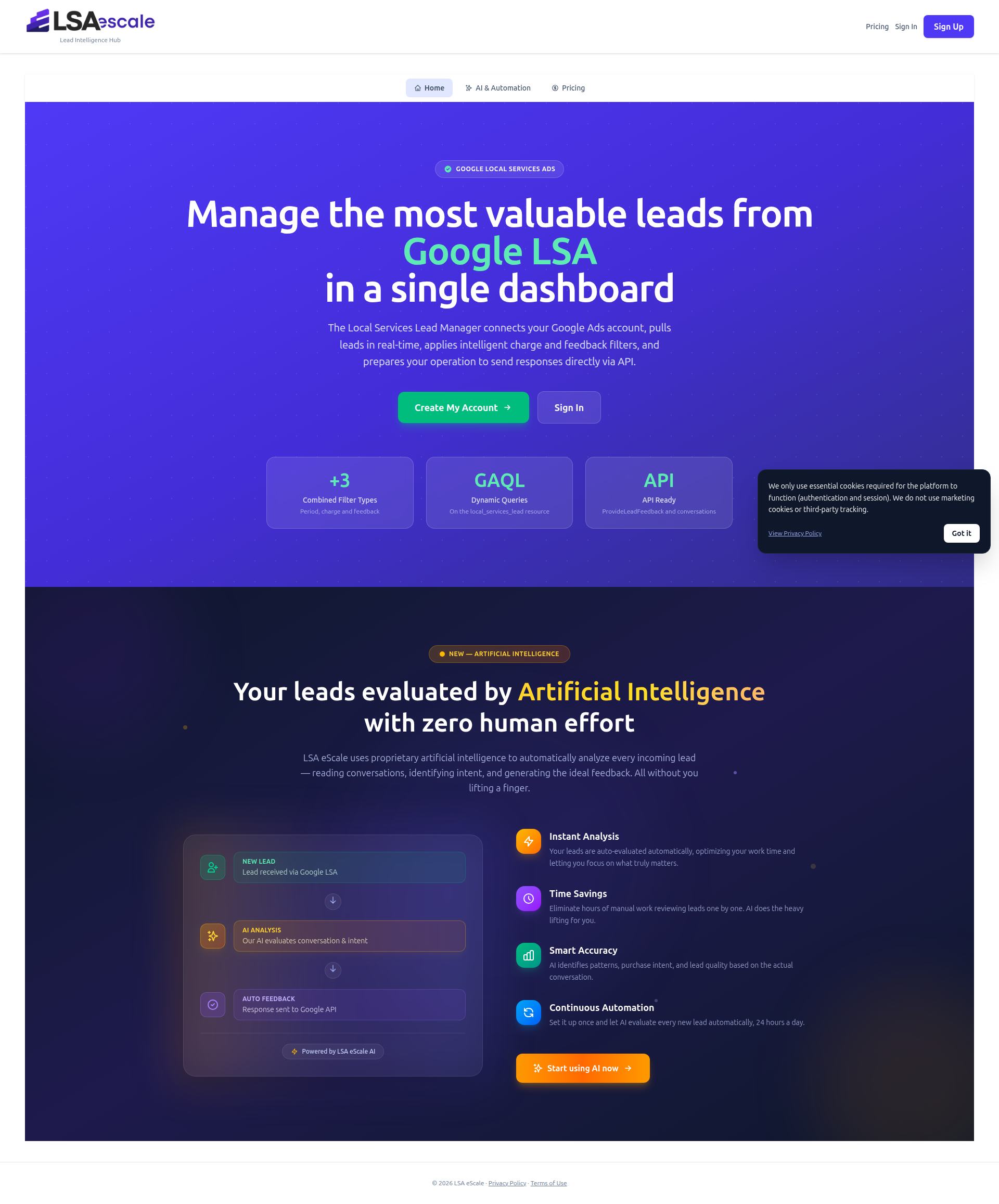 Landing page screenshot for lsaescale.com, 1920 by 2314 pixels