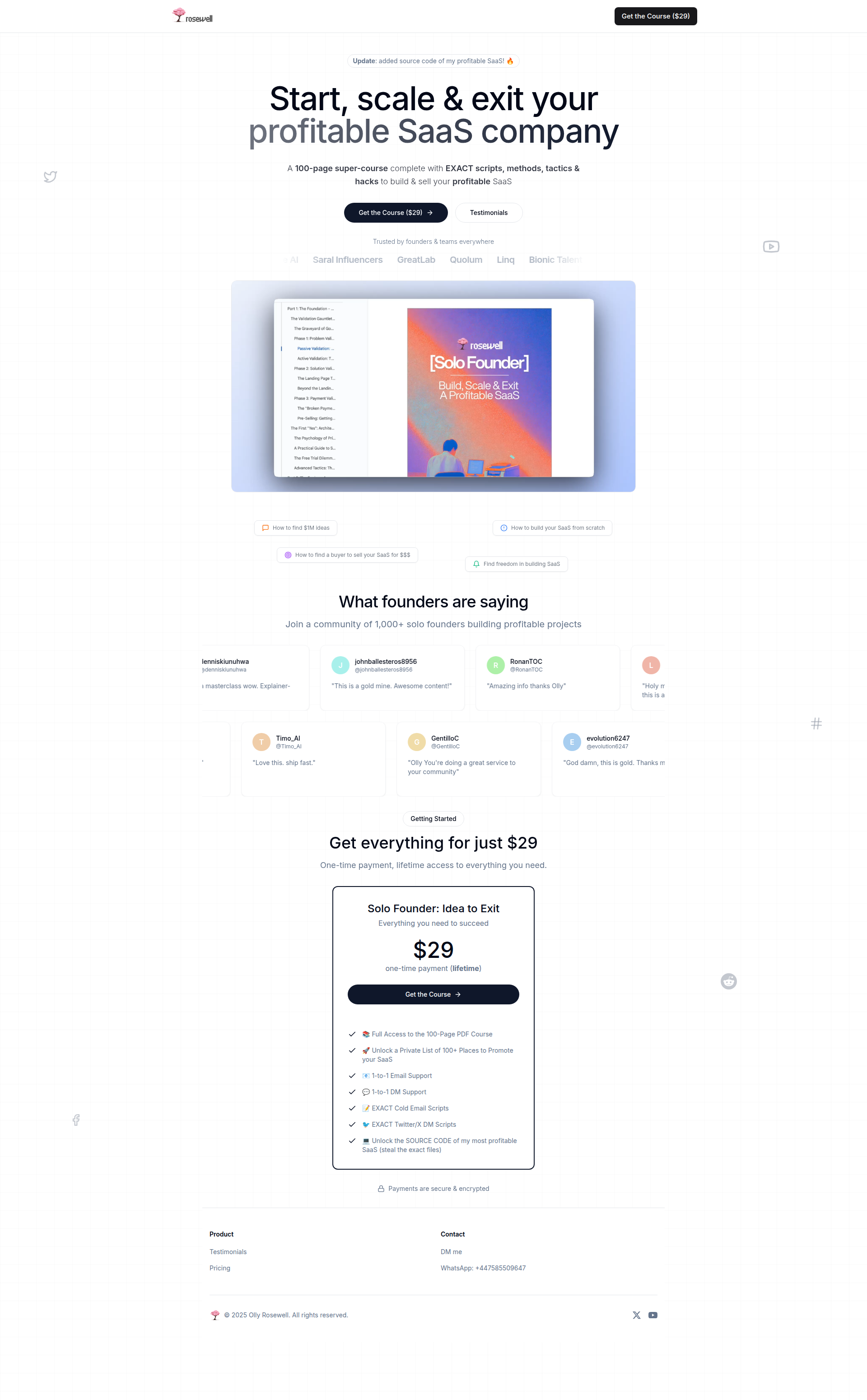 Landing page screenshot for rosewell.dev, 1920 by 3100 pixels