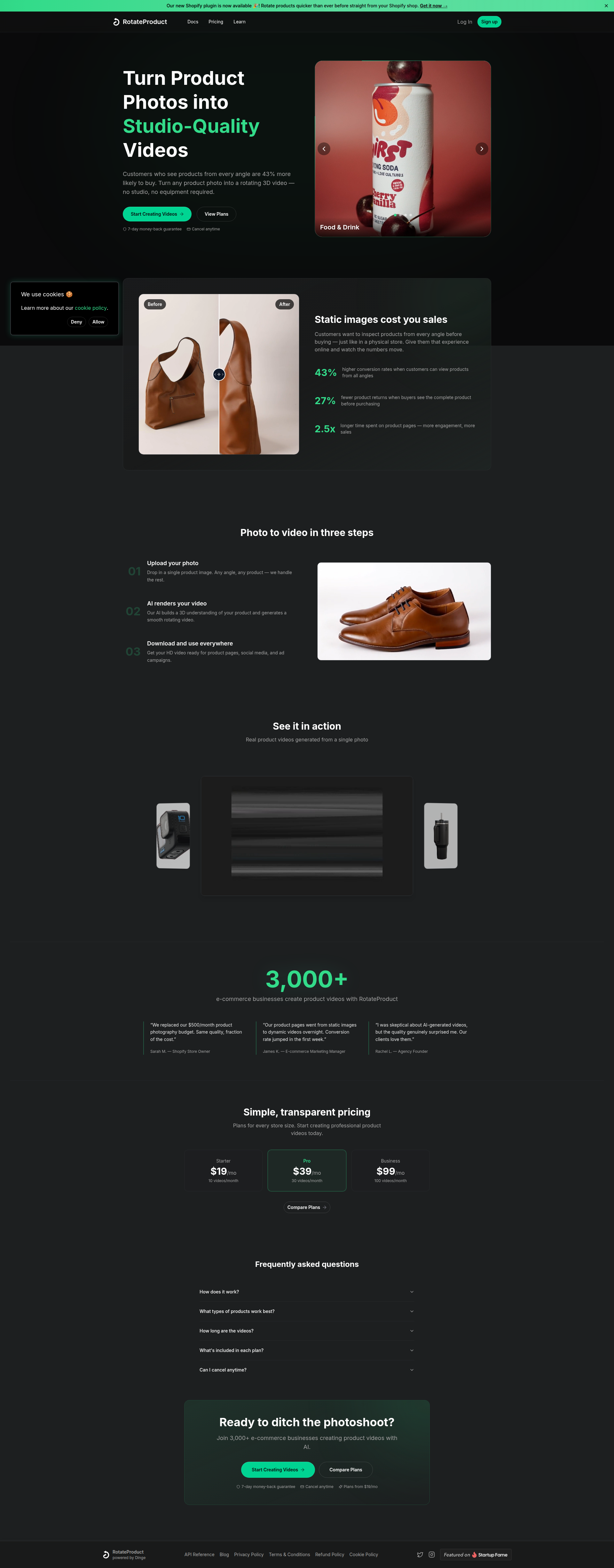 Landing page screenshot for rotateproduct.com, 1920 by 4900 pixels