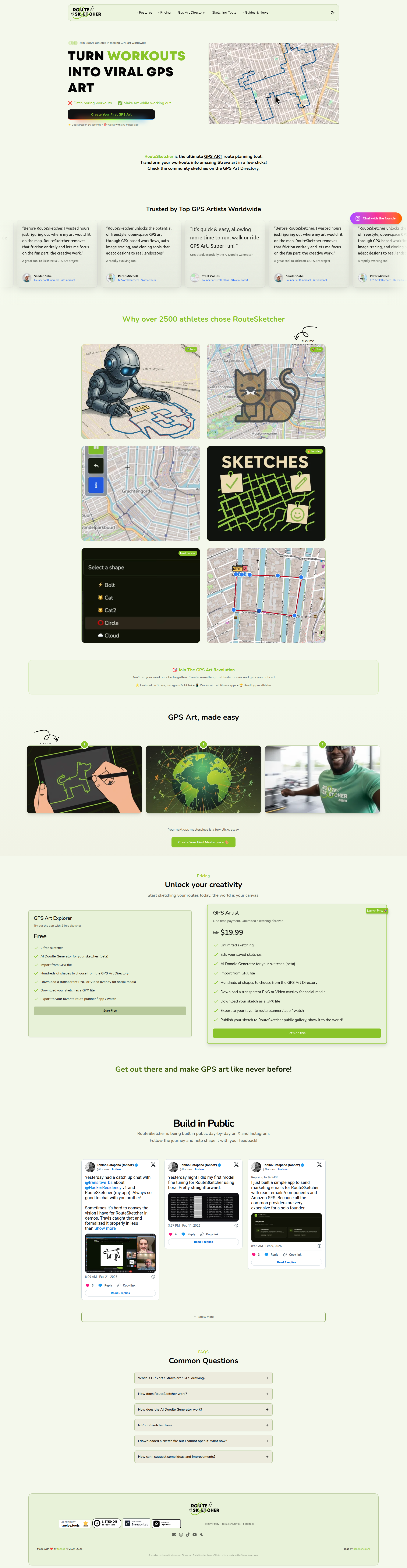 Landing page screenshot for routesketcher.com, 1920 by 7381 pixels