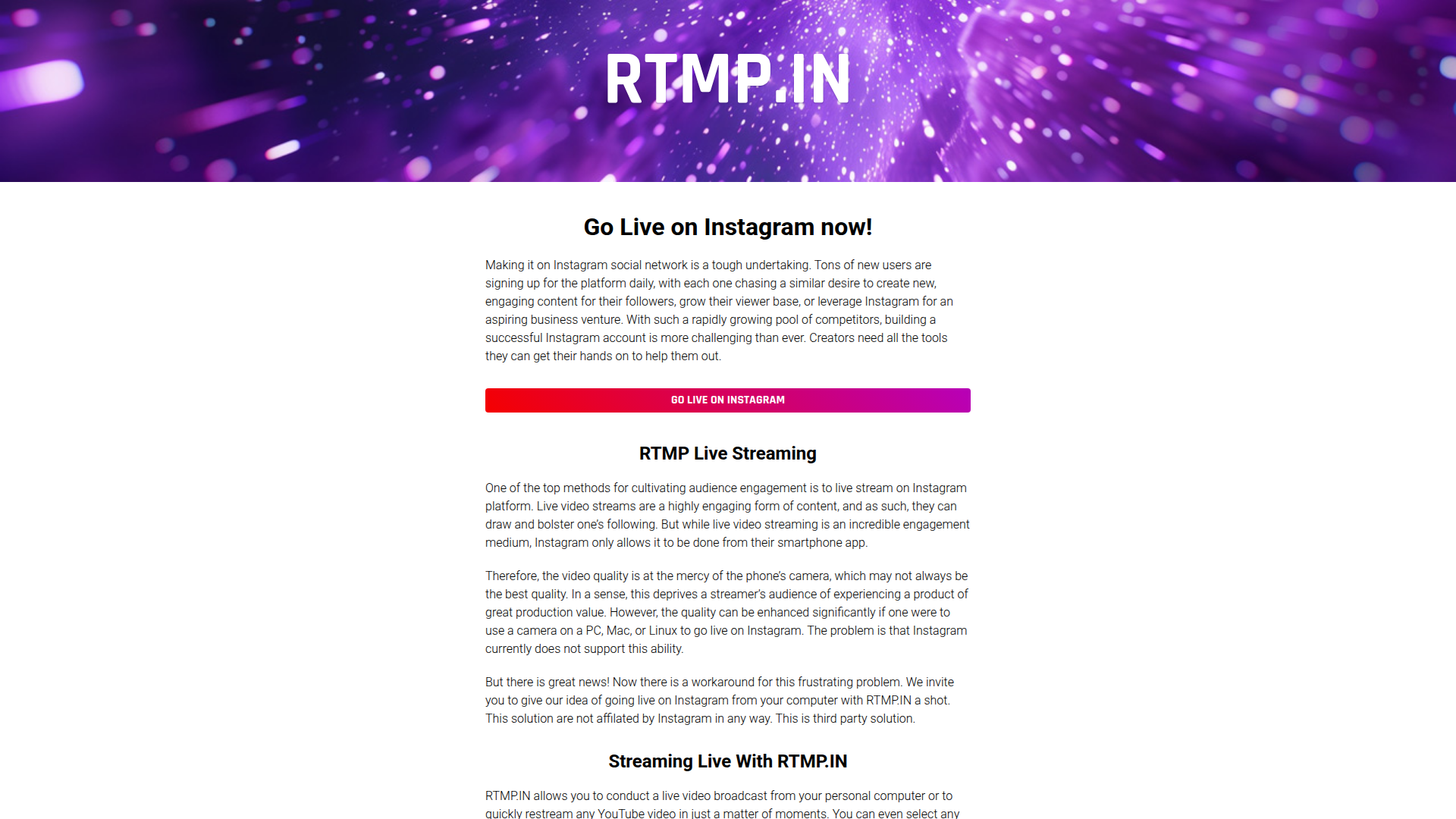 Landing page screenshot for rtmp.in, 1920 by 1080 pixels